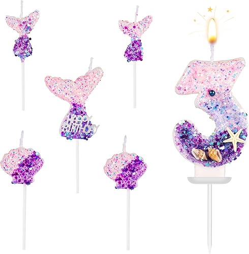 Velas de número de sirena, 6 piezas de decoración de pastel de sirena, velas numéricas de lentejuelas, color rosa y morado, centros de mesa para