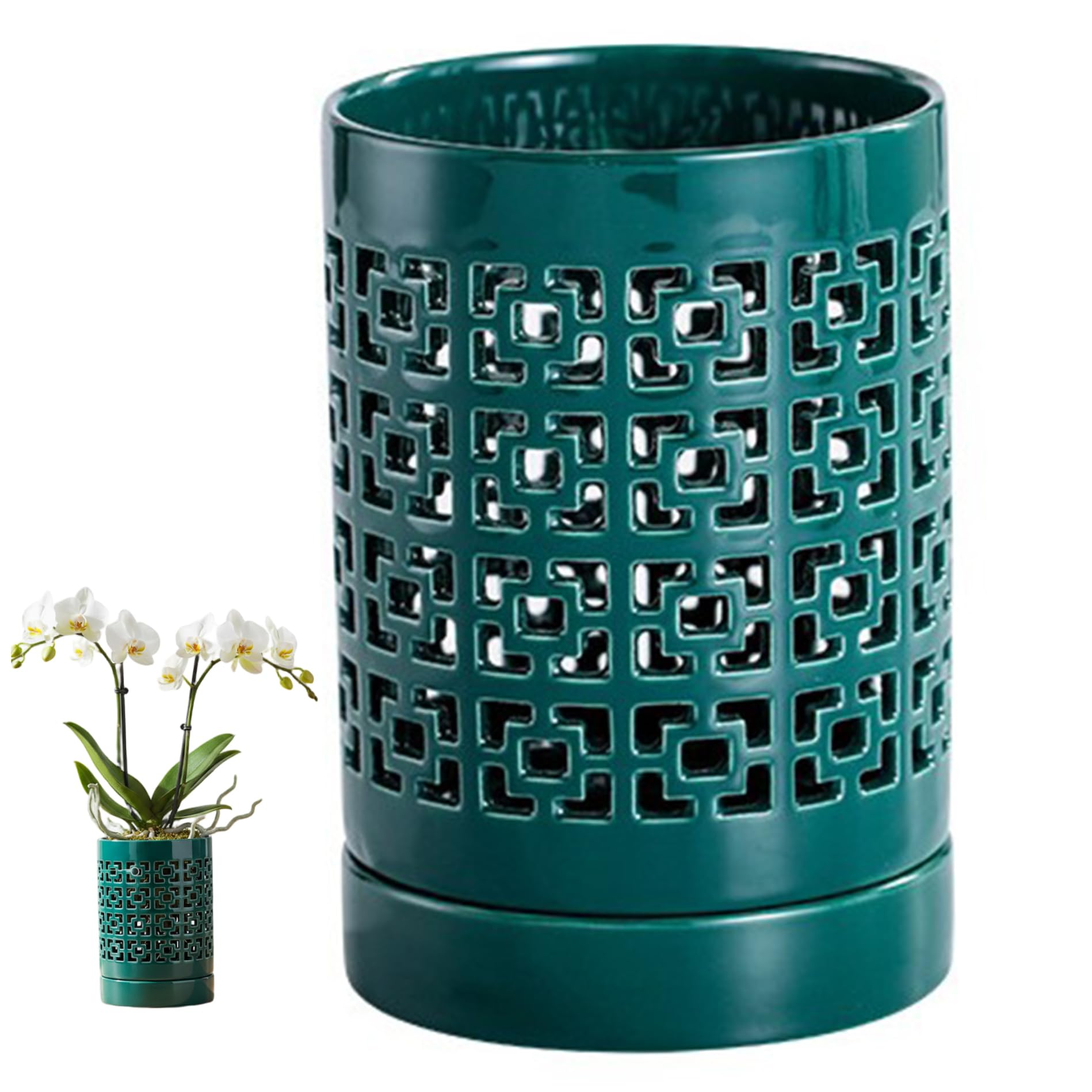 Neptuiby 4 Inch Orchid Pot with Holes & Saucer Orchid Planter 4 Inch Pot Ceramic Pots Ceramic Planter for Healthy Growth Breathable Green for Repotting