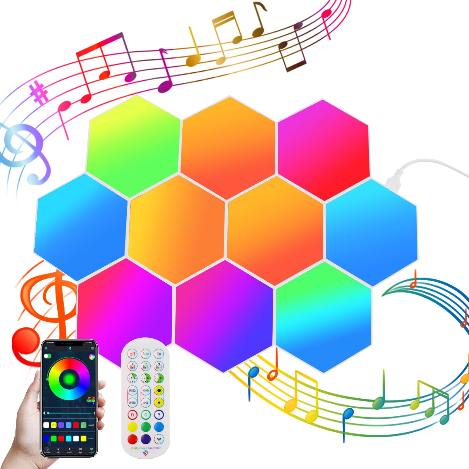 Hexagon Gaming Wall Light 14 pezzi Hexagon RGB Panel - Hexagon Honeycomb Wall Light Music Sync Decoration Hexa Wall Lighting Smart Hexagonal Gamer Room Decoration Modular Lamp