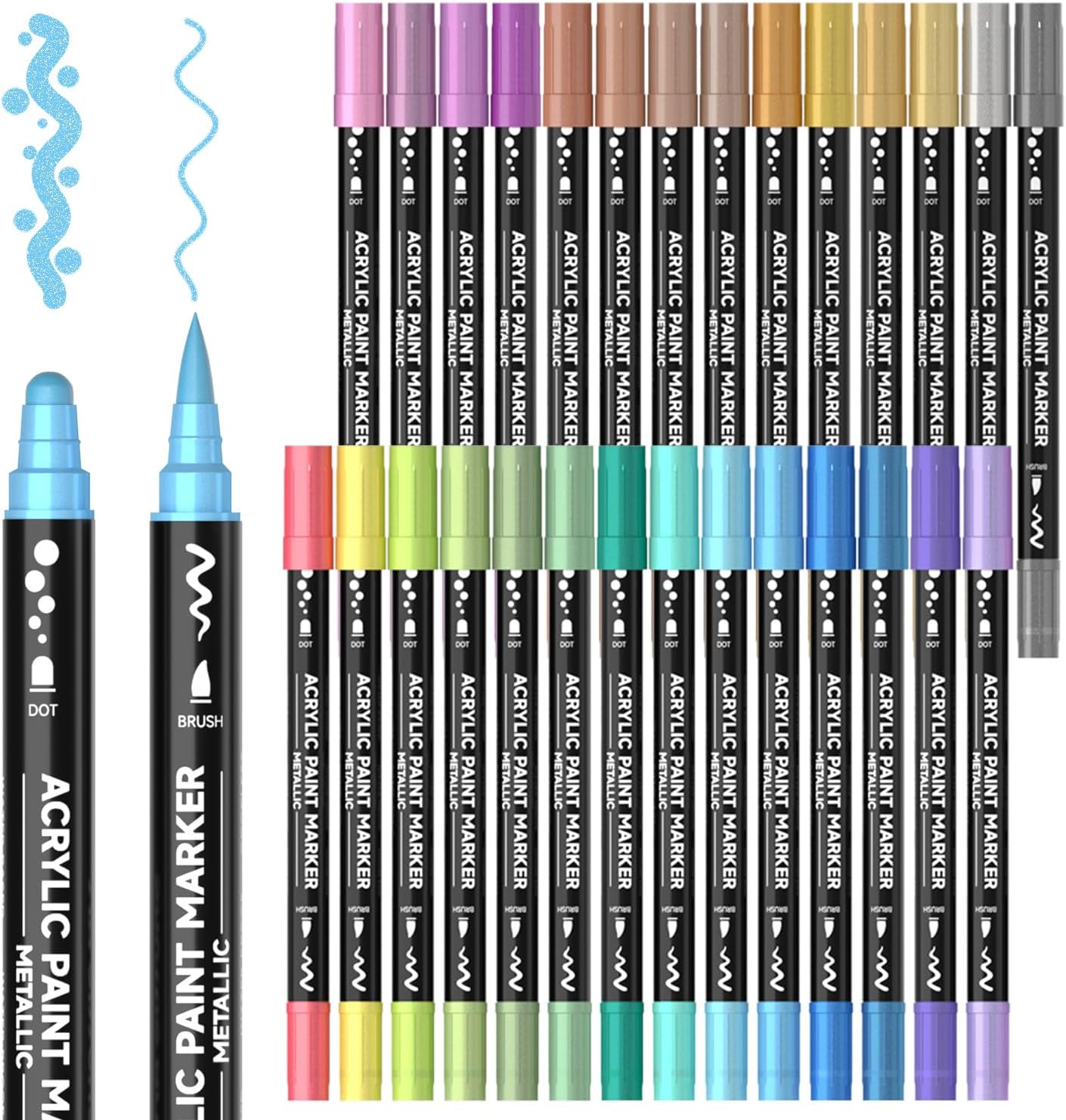 Shuttle Art Dual Tip Metallic Acrylic Paint Pens, 28 Colours Dot & Brush Paint Marker Pens, Paint Pens for Rock Painting, Ceramic, Wood, Fabric, Art Marker Pen Set for Kids Adults on Christmas Easter