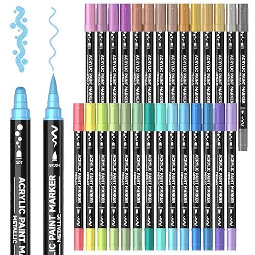 Metallic Colors Dual Tip Acrylic Paint Markers, 28 Colors for