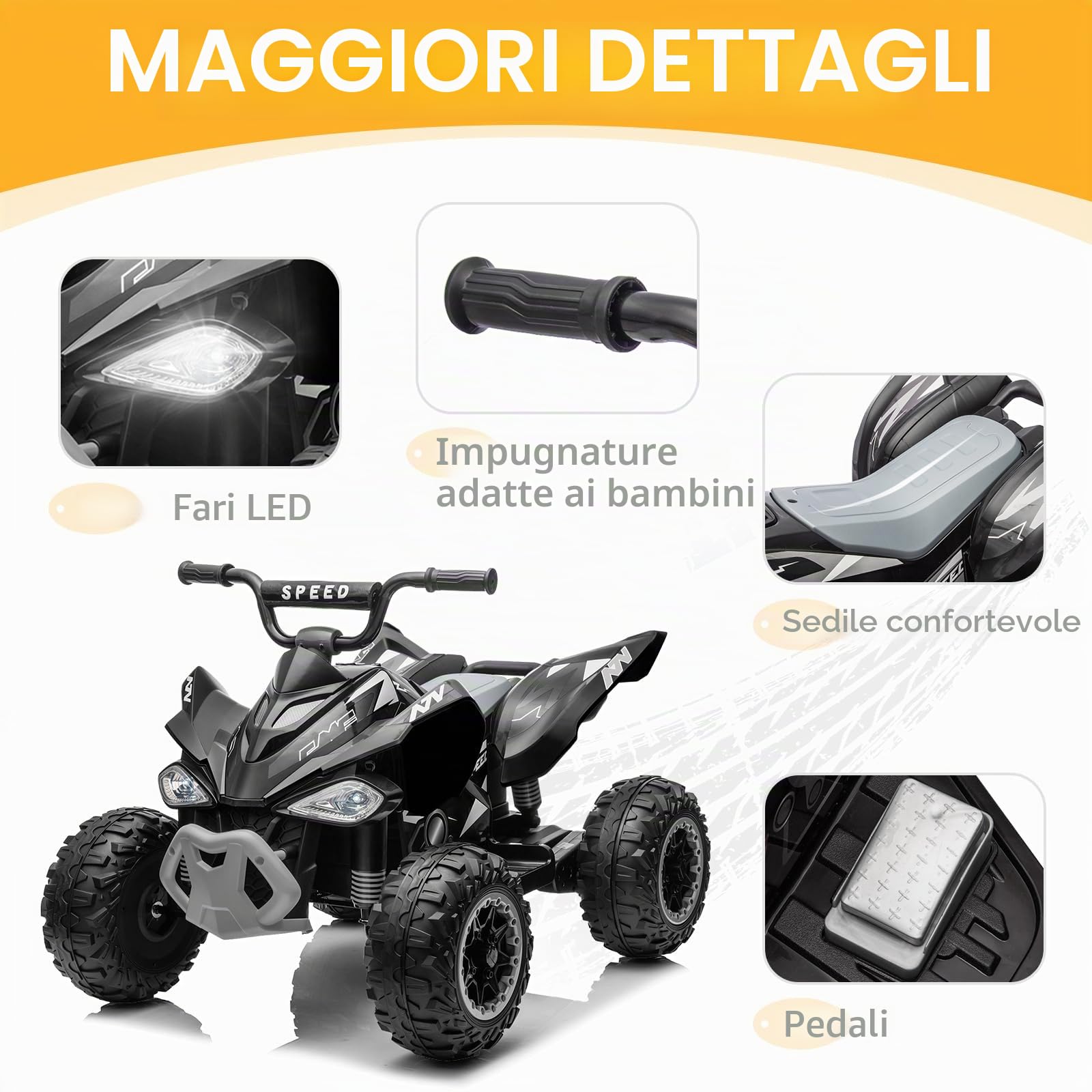 LALAHO Quad elettrico per bambini 12V, veicolo per bambini con fari a LED, musica e clacson, auto elettrica con 4 ruote antiscivolo e avvio lento, per bambini da 3 a 8 anni (nero 1)