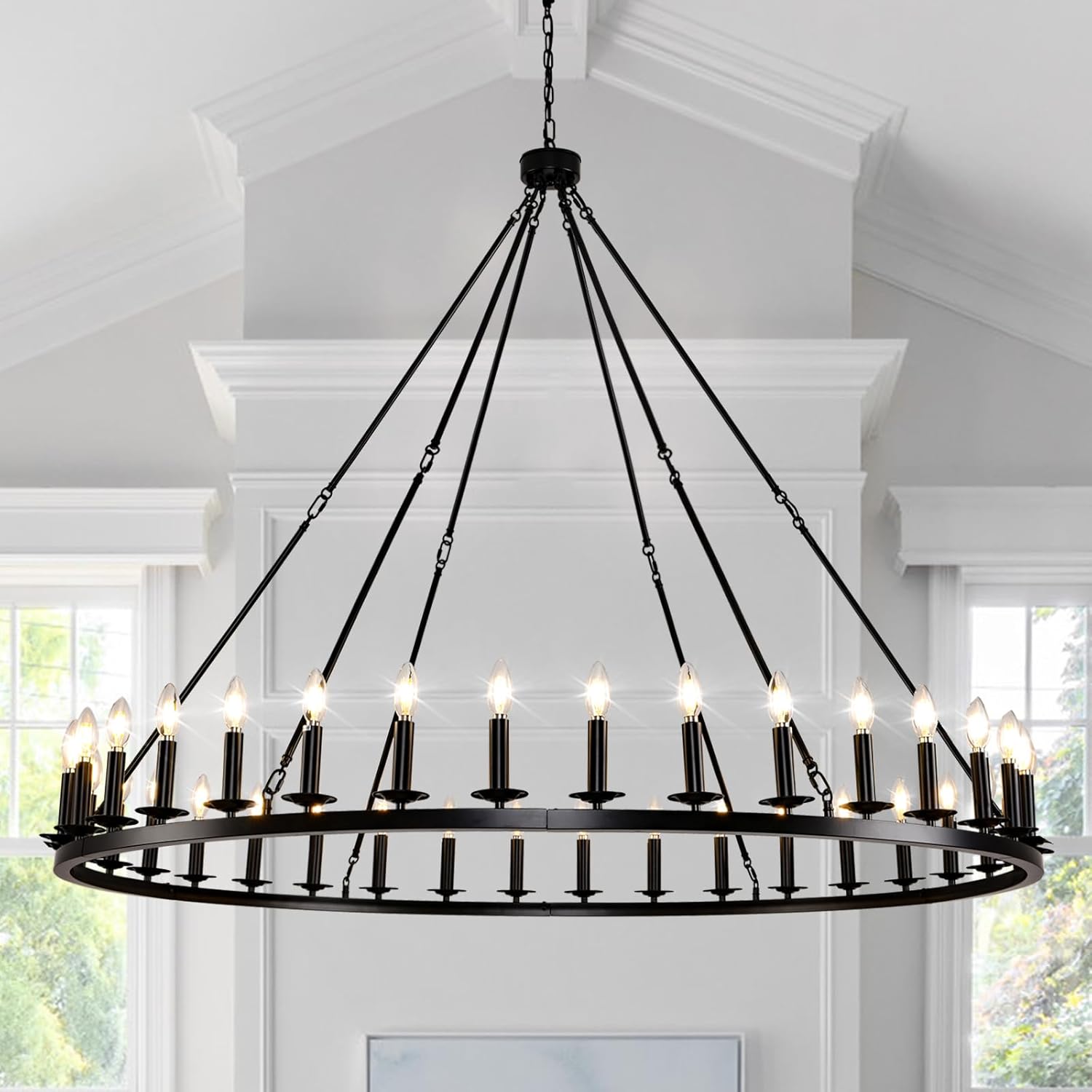 Black Wagon Wheel Chandelier 60-Inch 36-Light,Extra Large Circle Rustic Farmhouse Light Fixture,Round Metal Chandeliers for Foyer Entryway Dining Room Living Room High Ceilings (E12 Base)