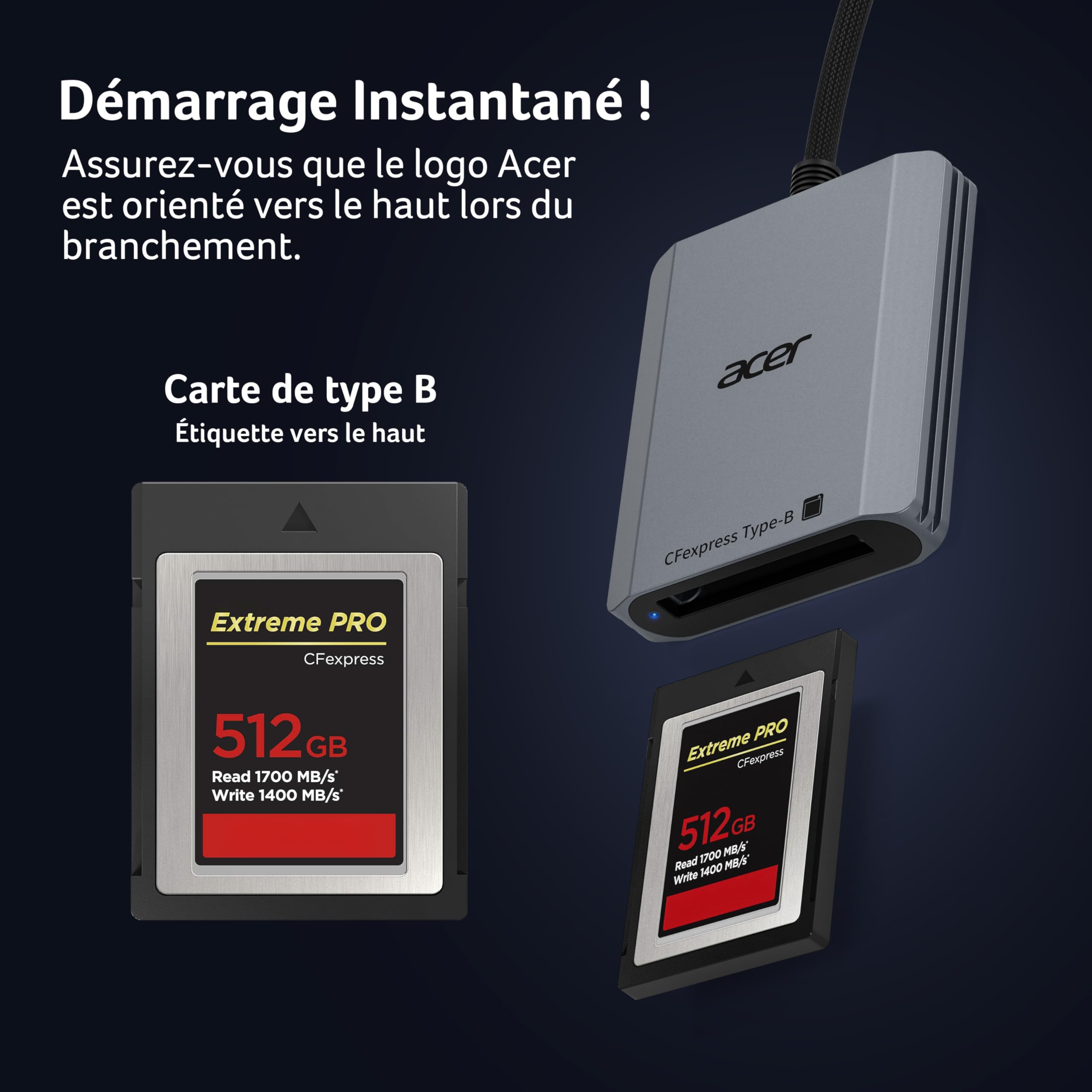 Acer Lecteur de Carte CFexpress Type B 10Gbps, Card Reader CFB USB-C et USB-A 3.2 Gen 2, Adaptateur Carte Mémoire CFe Type B 1250MB/s pour PC, iPhone17, Samsung S26, MacBook, iPad Pro, etc.