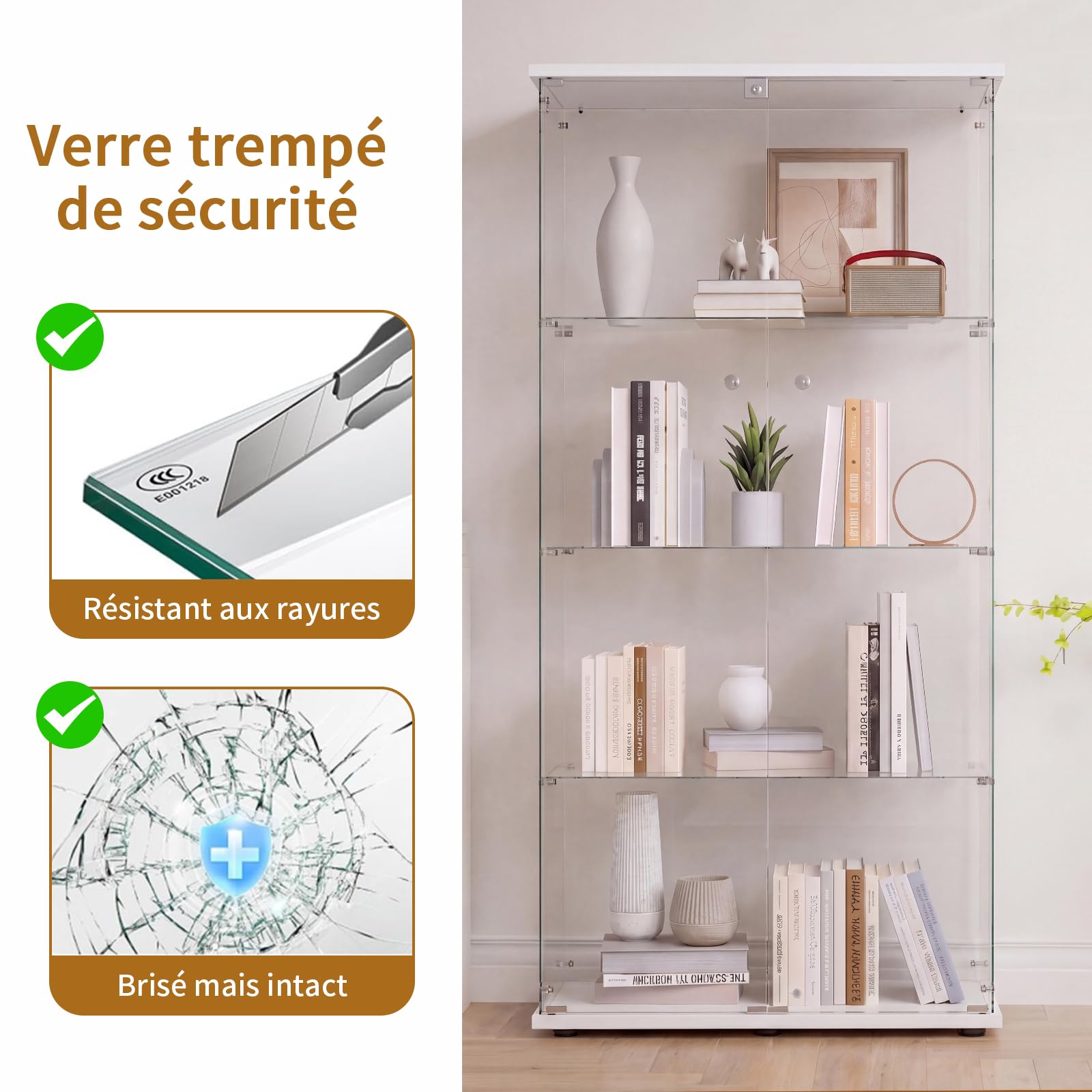 DADEA Vitrina Cristal 4 Estantes y 2 Puerta, Vitrina con Cerradura, 36,5 x 80,5 x 164cm, Columna Expositora Vidrio MuebleVitrina Expositora Armario Vidrio VitrinaExpositora AltaVitrina Suelo, Blanco