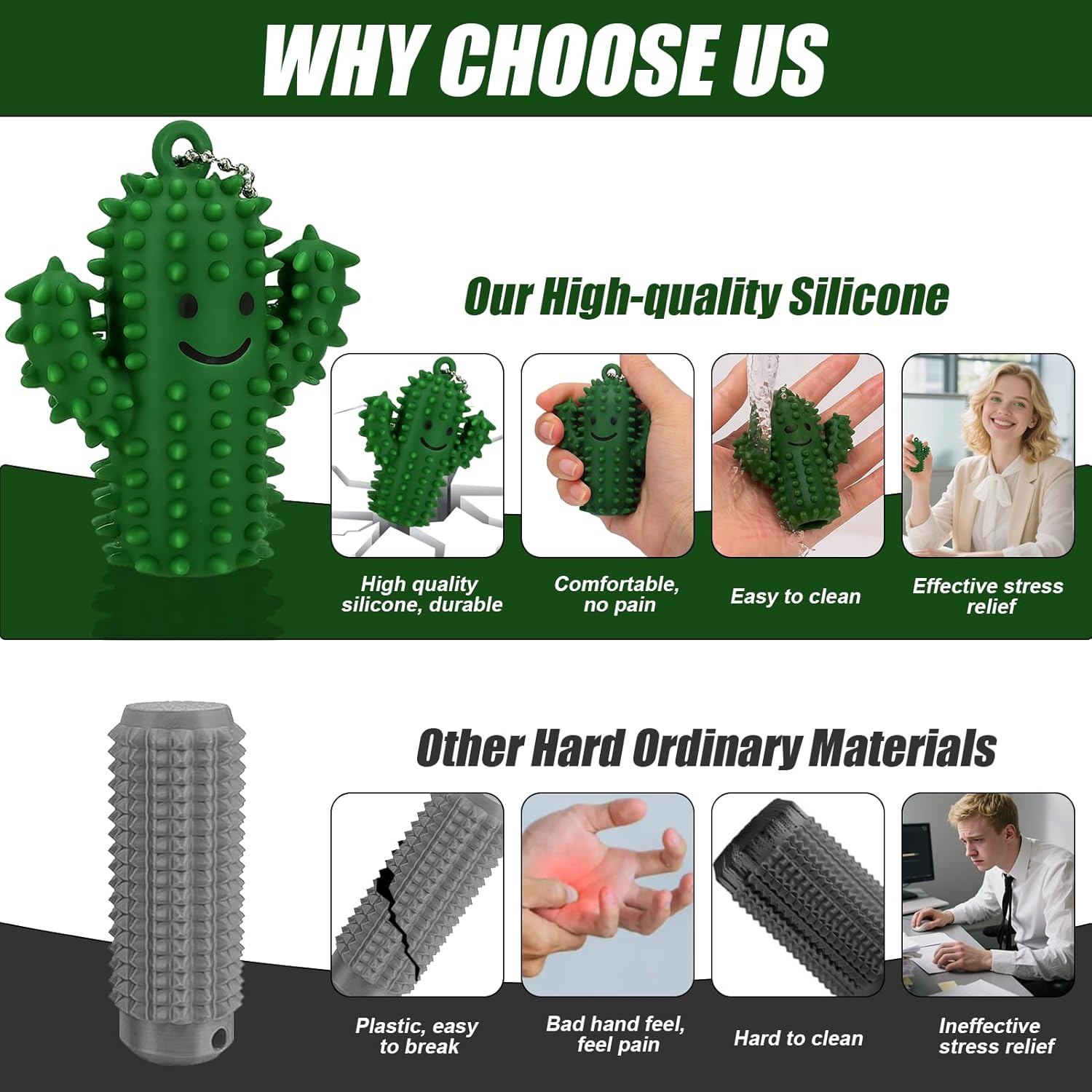 2Pcs Little Ouchies Pain Fidget - Silicone Cactus Portable Pain Stim Tool Fidget Toys Adults, Spiky Grippie Stim Keychain, Anxiety Stress Relief Items Fidget Sensory Toys, Novelty Gifts, Green