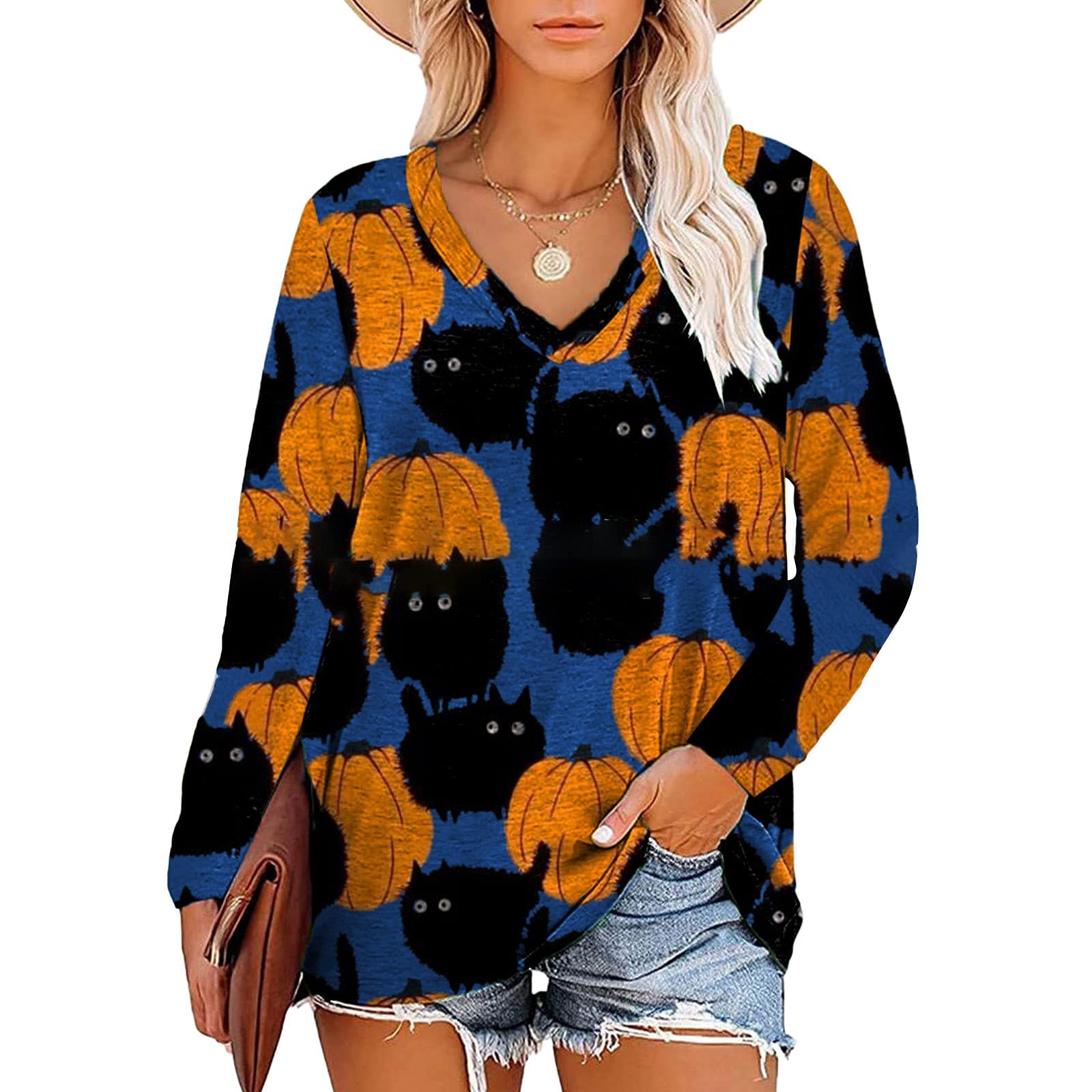 LINKIOM Womens V-Neck Long Sleeve Pullover Halloween Print Tops Sweatshirt Tops