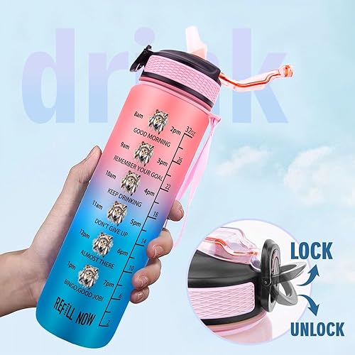 Miniatura 3 de Botella de agua de lobo de 32 onzas con marcador de tiempo, apertura de un clic, boca ancha, sin BPA, rastreador motivacional (negro)
