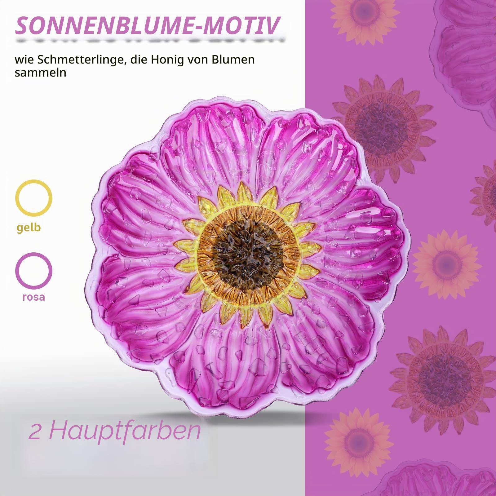 MUMTOP Vogeltränke aus Glas für den Außenbereich, 30,5 cm, Vogeltränke mit Metallpfahl, Sonnenblumen-Vogelfutterspender für Garten und Terrasse