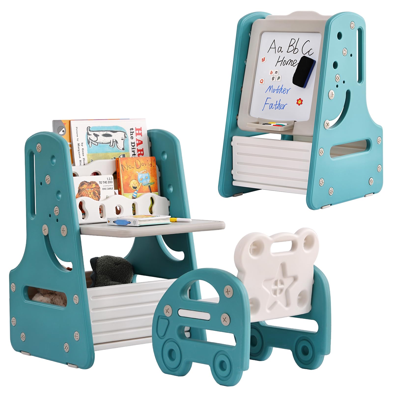 Juego de mesa y silla para niños, caballete de arte convertible 3 en 1 y estantería de exhibición con tablero de pintura magnético, estante de almacenamiento inferior, juego de mesa de