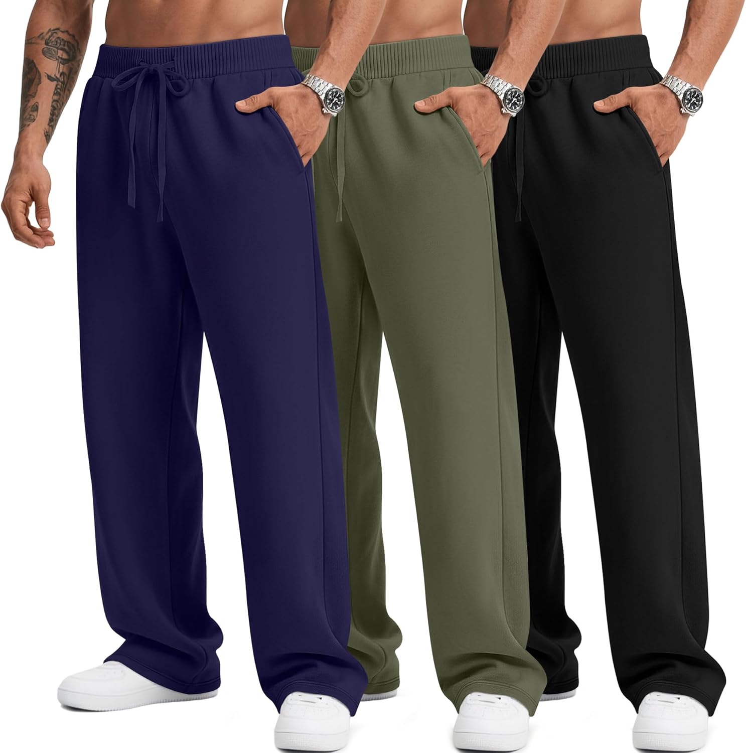 3 Pack Men's Big and Tall Sweatpants Athletic Open Bottom Drawstring Lounge Pants P...