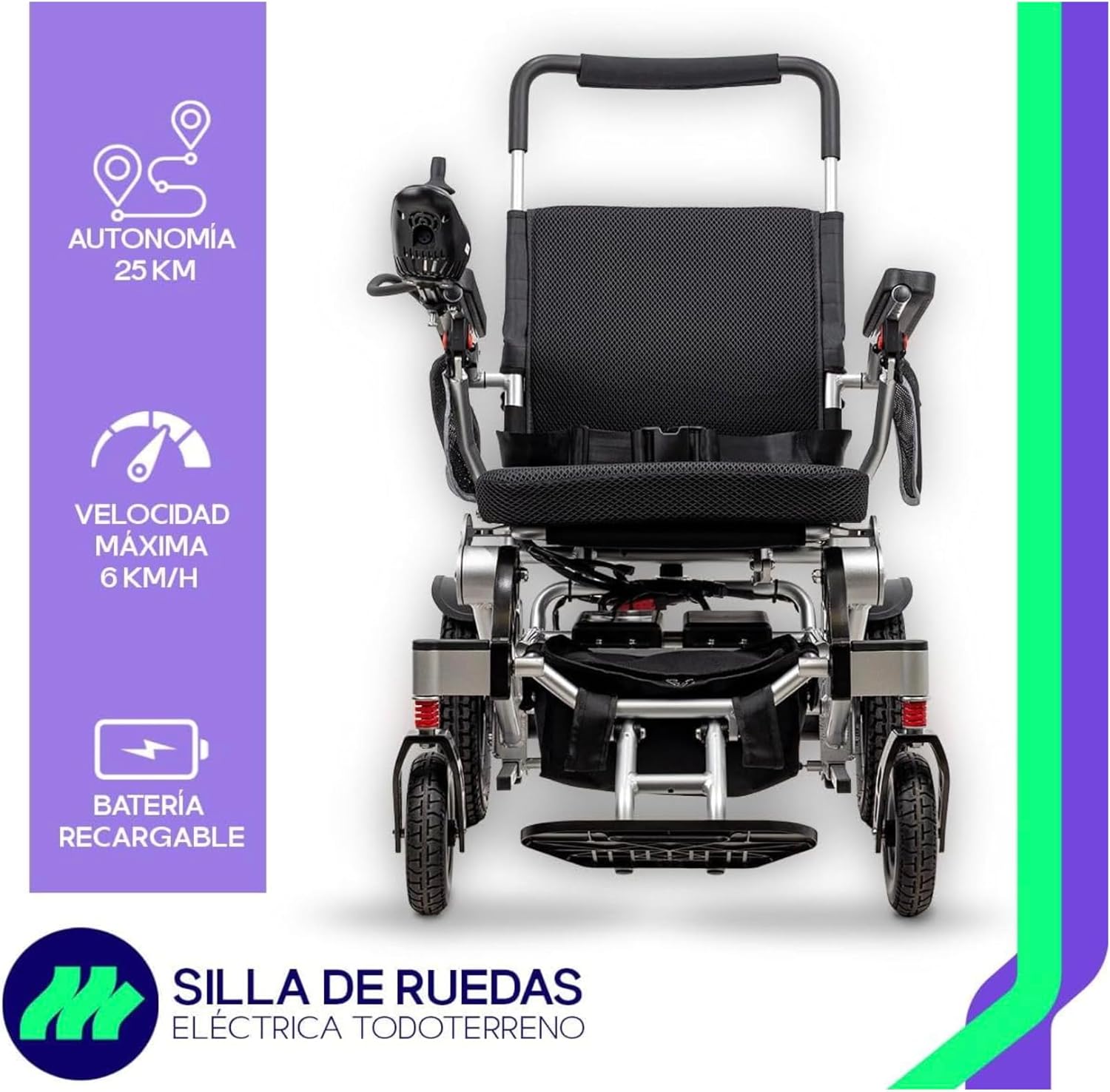 Front view of the THUNDER Medical Store Electric Folding Wheelchair, highlighting 25 KM autonomy, 6 KM/H maximum speed, and rechargeable battery.