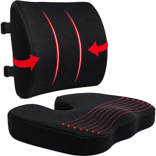 Memory Foam Seat Cushion & Lumbar Support Cushion Set – Back and Tailbone Support for Office Chair, Car, and Home – Helps with Comfort, Posture, and Pressure Relief