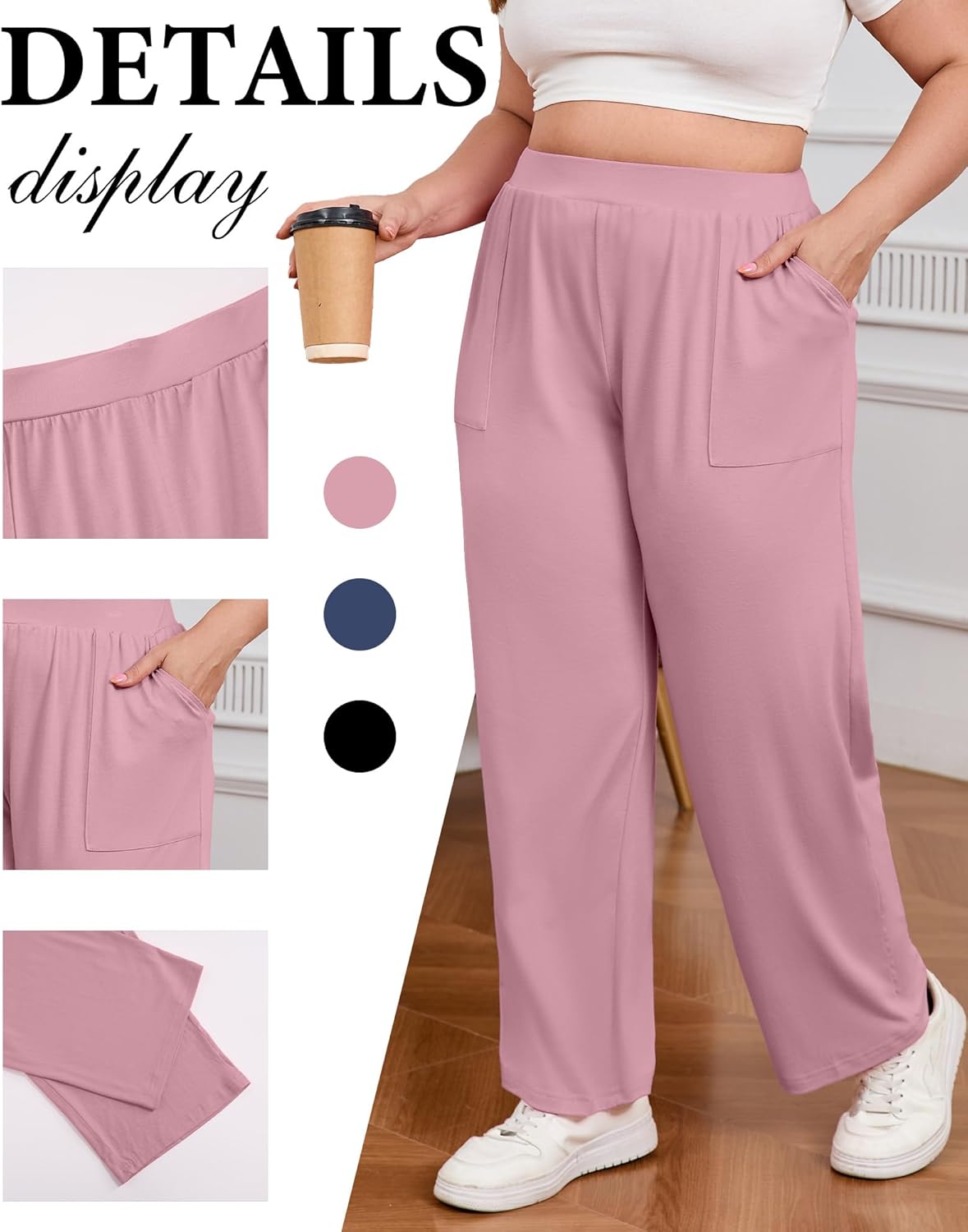 3 Pack Women's Plus Size Pants Wide Leg High Waisted Yoga Sweatpants with Pockets Loose Comfy Lounge Pajamas Pants(Black, Denim Blue, Pink,3X-Large) - Image 5