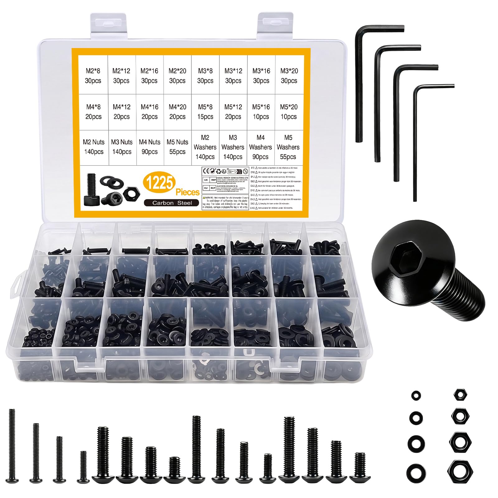 1225 Pcs M2 M3 M4 M5 Screws Set, Assorted Nuts and Bolts Assortment Kit, Round Head Hex Socket Head Cap Screws Bolts and Nuts Set, Black Machine Screw Set with Washers for Home Car DIY