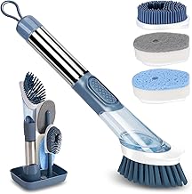 Soap Dispensing Dish Brush Set, Washing Up Brushes with Liquid Dispenser, Kitchen Brush for Pot Pan Sink Cleaning with 4 Replacement Heads (Blue)