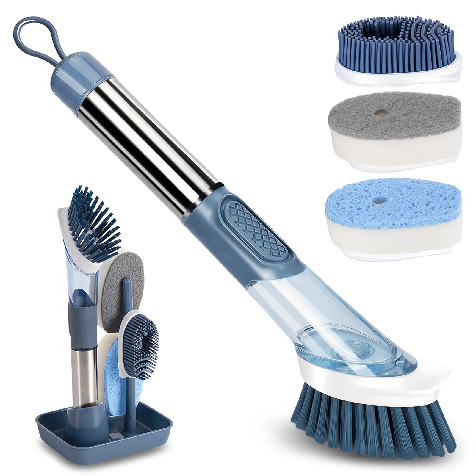AMFUN Spülbürste mit Spülmittelspender, Befüllbare Spülbürste mit 4 Ersatz Bürstenköpfe Und 1 Lagerregal, Multifunktional Geschirrbürste, Spülbürsten mit Stiel für Geschirr, Töpfe, Spülbecke Reinigung