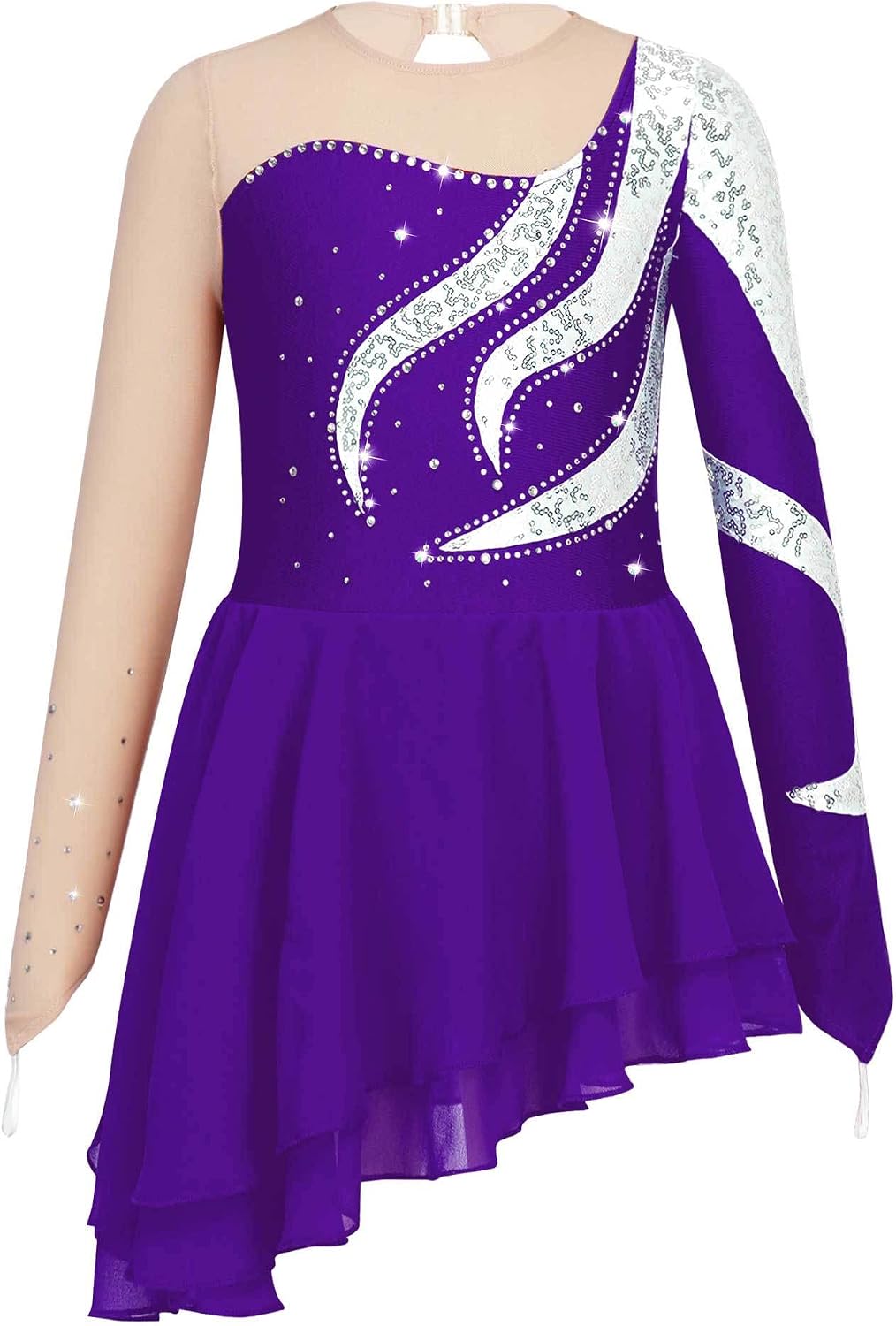 Hularka Kids Girls Mesh Splice Shiny Rhinestone Figure Ice Skating Dress Asymmetrical Lyrical Dance Dress Dancewear