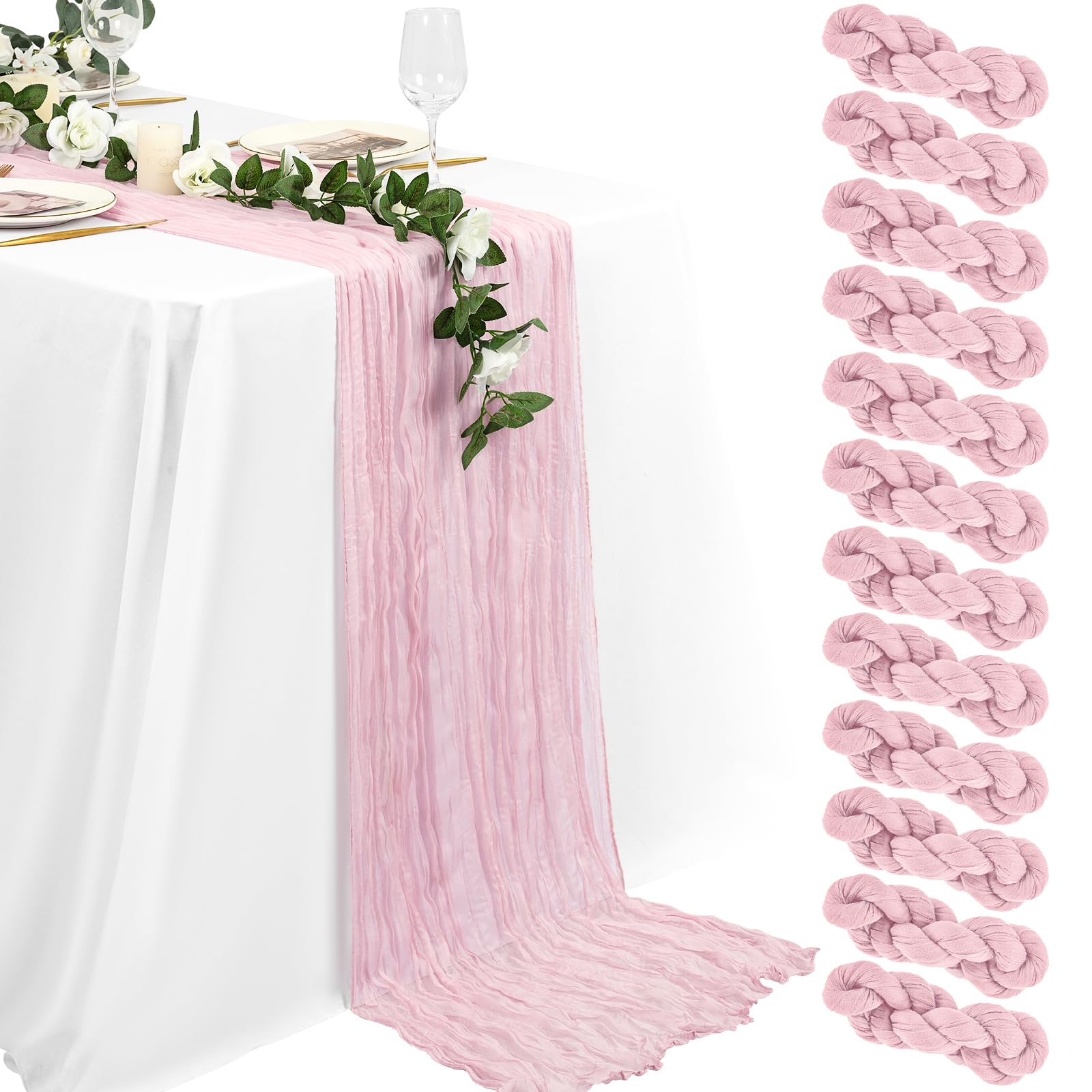 Photo 1 of 12 Packs Light Pink Table Runner, Charming Cheesecloth Table Runner 17 x 108inch, Gauze Boho Wedding Decoration Rustic Sheer Fabric Cheese Cloth Table Runners for Wedding Party Bridal Shower
