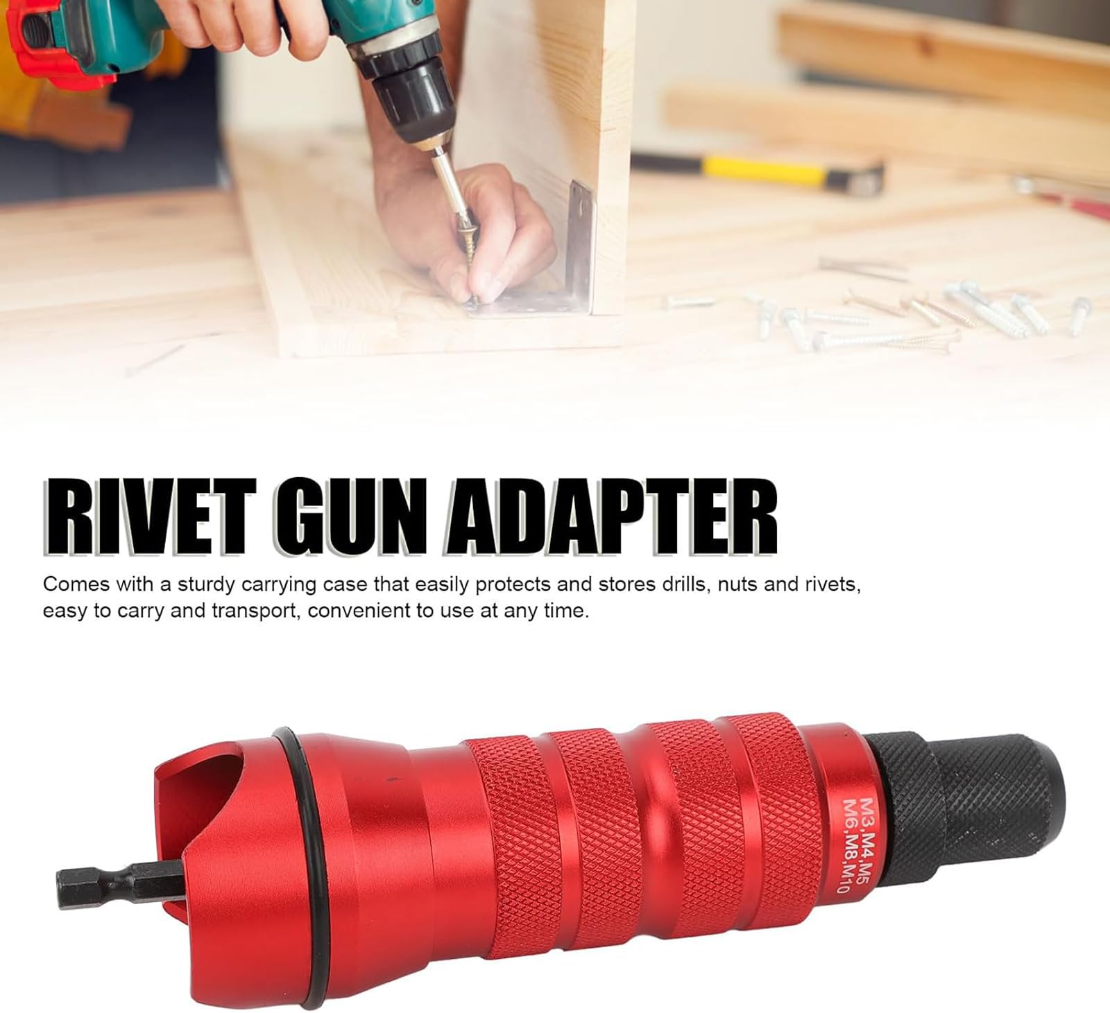 CUSMA Adaptador De Pistola Remachadora para Taladro Eléctrico, Adaptador De Pistola Remachadora Inalámbrica con 6 Cabezales Intercambiables, Estuche De Transporte para Mantenimiento De La Instalación