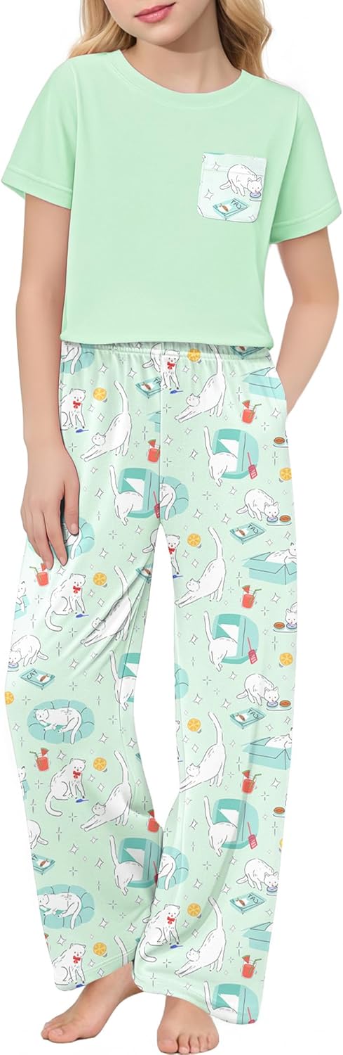 Arshiner Girls' Sleepwear Short Sleeve Long Pants Pajamas Sets Soft Loungwear for Kids