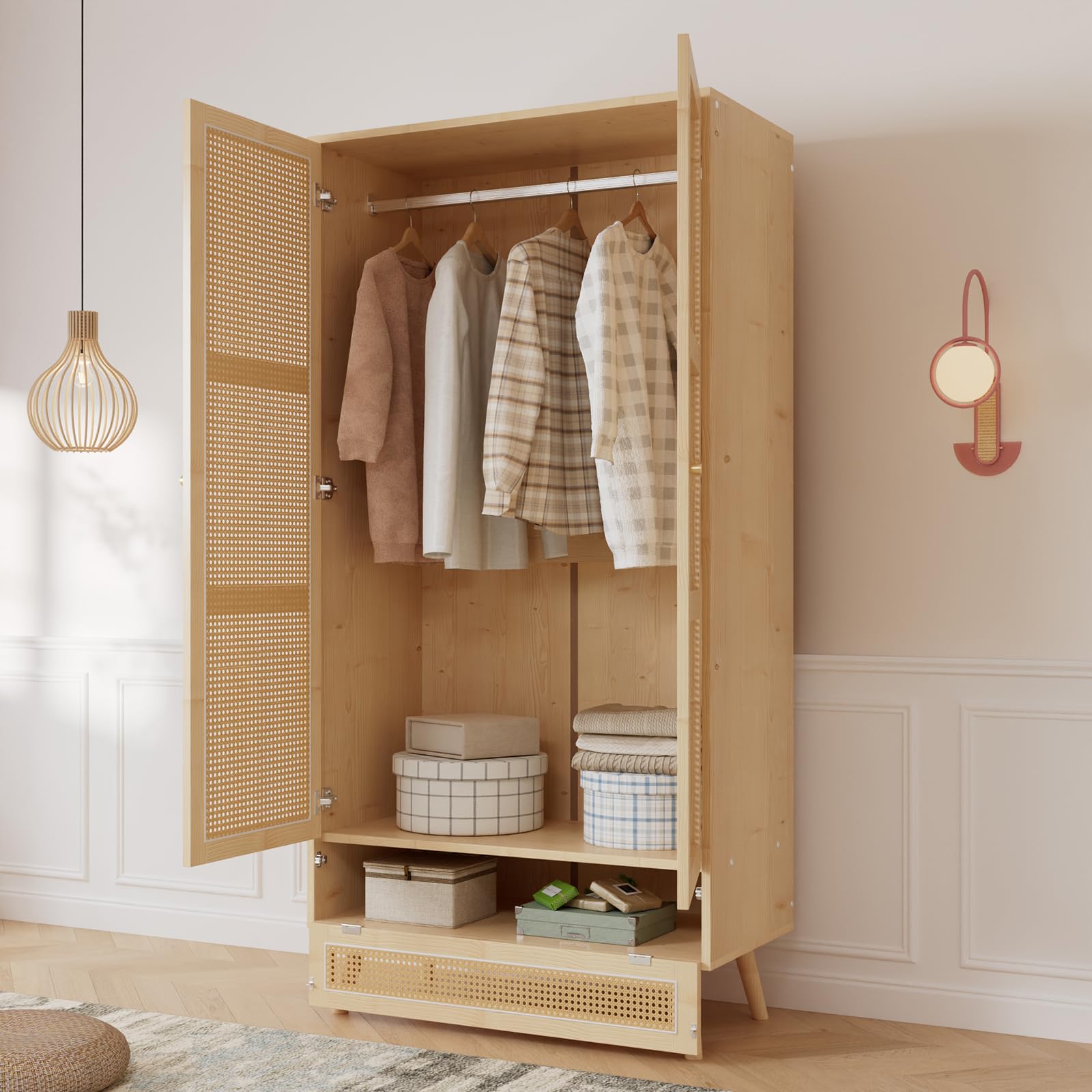 Armoire Chambre,Armoire avec penderie, Armoire 2 Portes, Chambre, Filet en rotin, Salon, avec Couvercle inférieur Rabattable, Panneaux de Particules et rotin PE