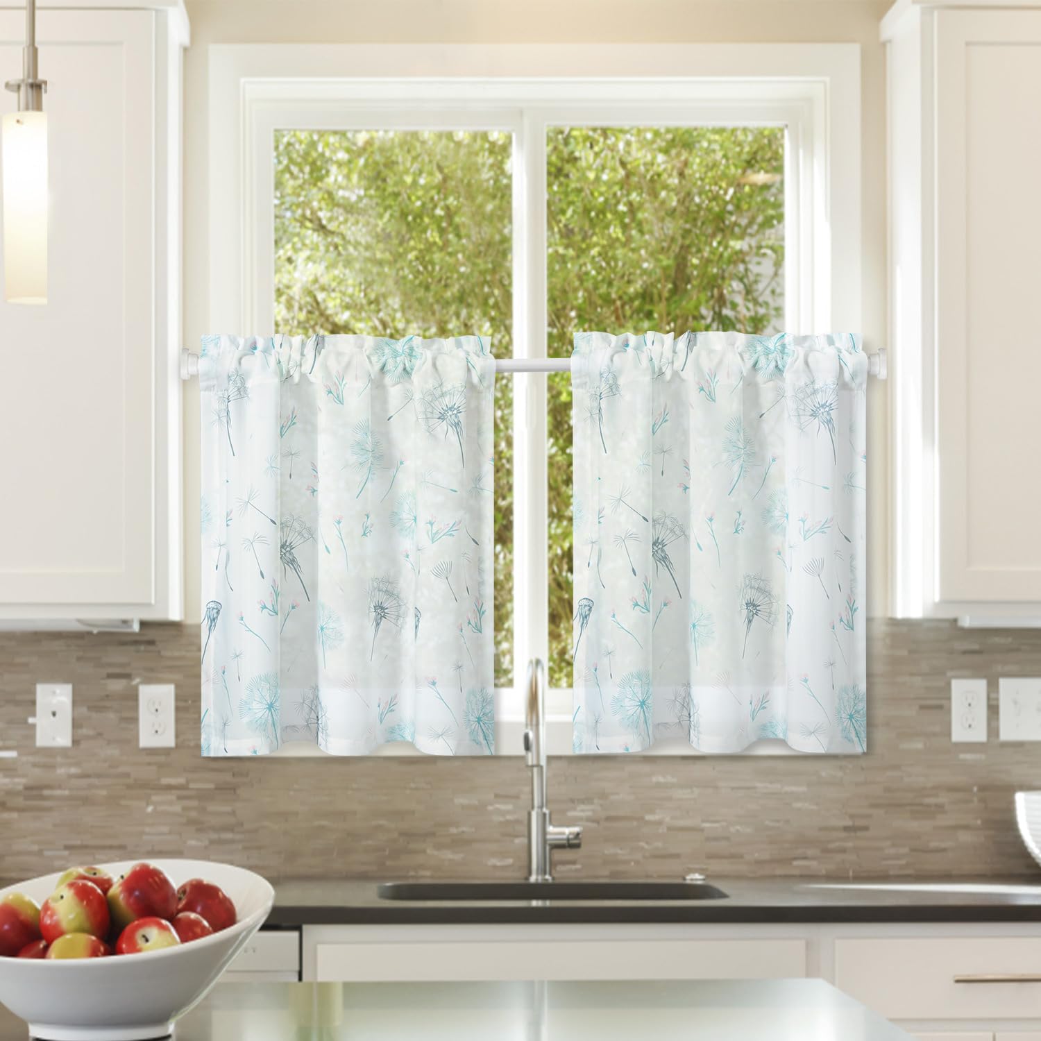 VOGOL Country Style Tier Curtains, 2 Panels Blue Dandelion Pattern Sheer Drapes for Living Room, Easy Care Rod Pocket Window Treatment, 30 x 24 Inches