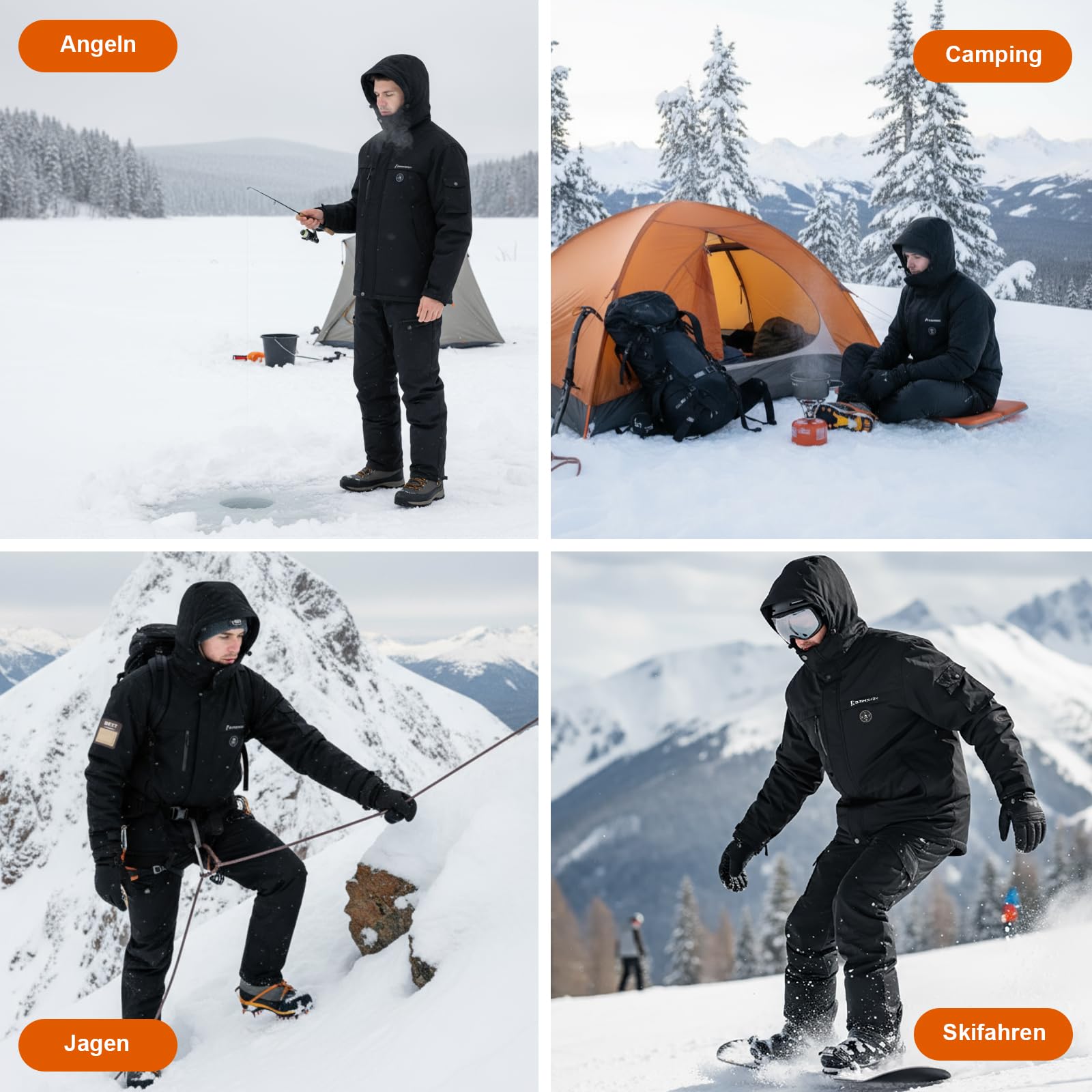 Beheizte Jacke Herren mit Fleecefutter, 20000mAh 7.4V Akku, 6 Heizzonen, 3 Temperaturstufen, Wasserdichte Winddichte Winterjacke