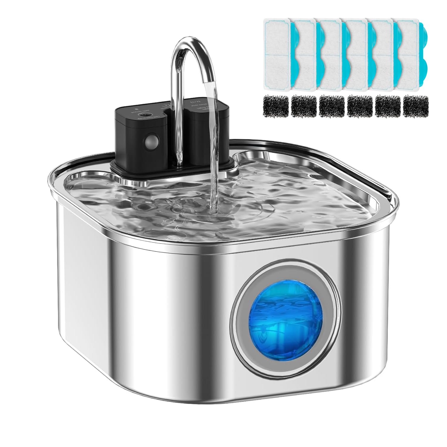 Wireless Cat Water Fountain with 6 Filters + 6 Sponges，[Rechargeable & Faucet ] Stainless Steel Battery Operated, 108oz/ 3.2l Automatic Cordless Pet Fountain -Dog Fountain with 4200 Mah Battery