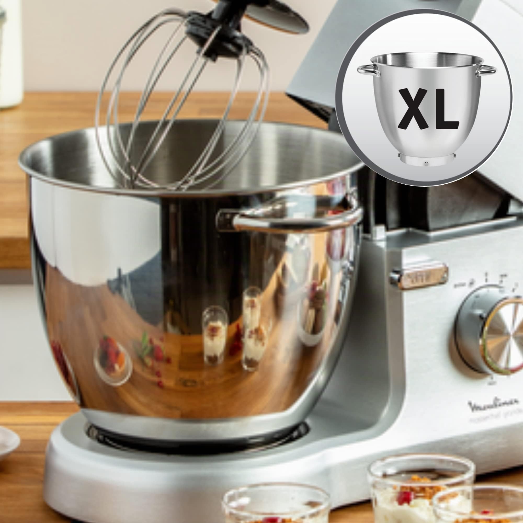 Moulinex Robot pâtissier, Bol XXL inox 6,7 L, 1500 W, 10 vitesses + fonction Pulse, Corps en fonte d'aluminium, Kit de pâtisserie premium, Masterchef Grande gris QA810D01