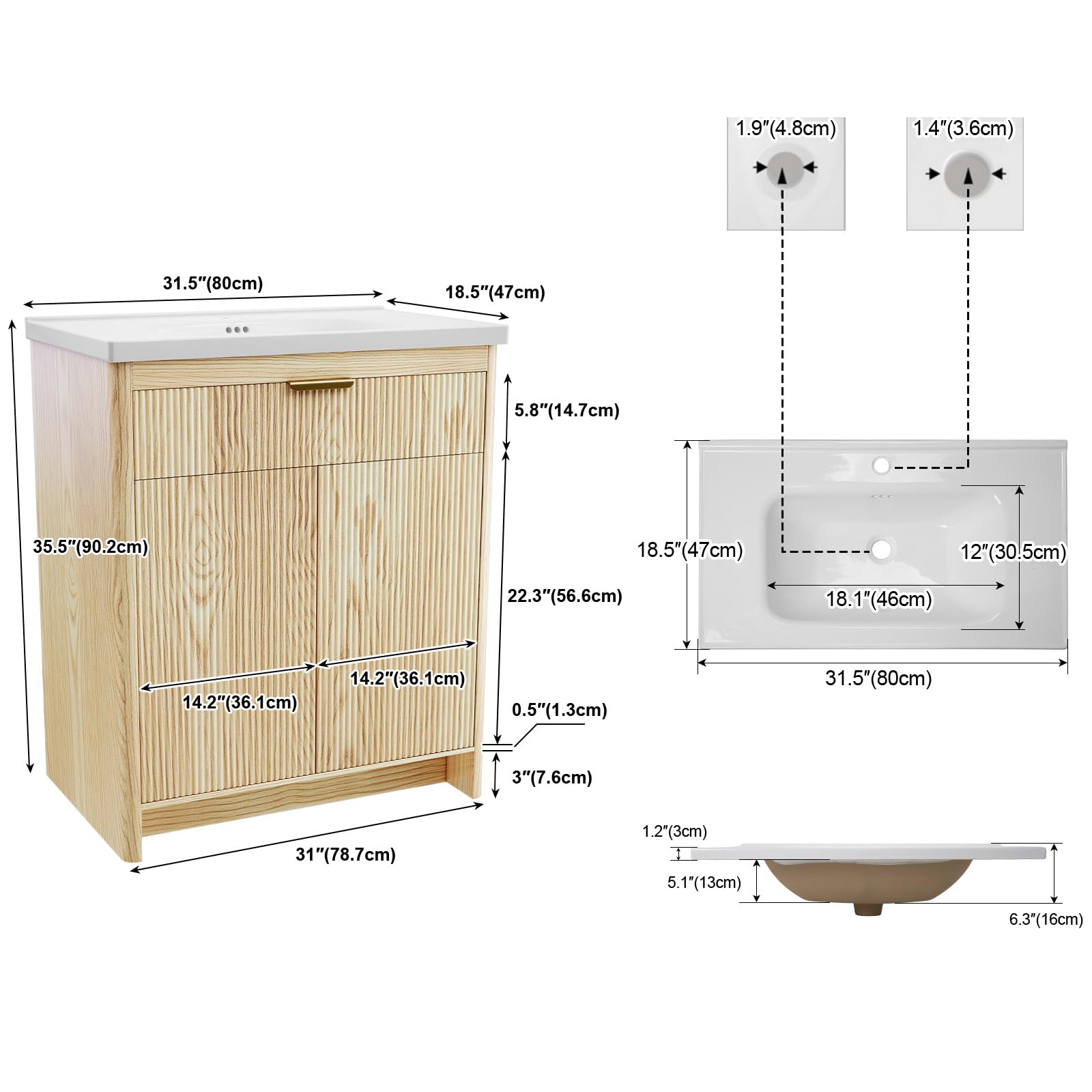 Szafka pod umywalkę 80 cm z umywalką ceramiczną, umywalka z szafką dolną i zestawem mebli łazienkowych, drzwi Soft-Close, odporna na wilgoć MDF, łatwy montaż, wygląd drewna