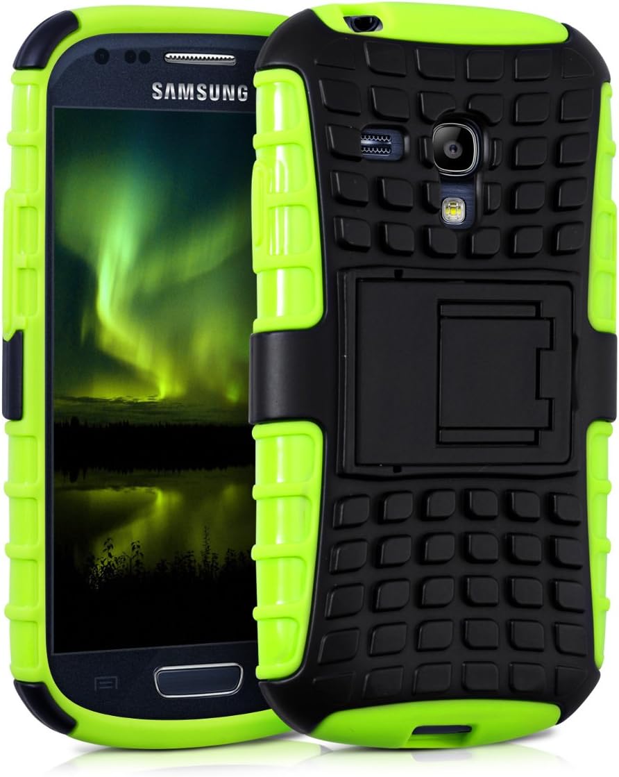 kwmobile Hybrid Case Compatible with Samsung Galaxy S3 Mini i8190 - Mobile Cell Phone Cover Protection with Stand - Neon Green