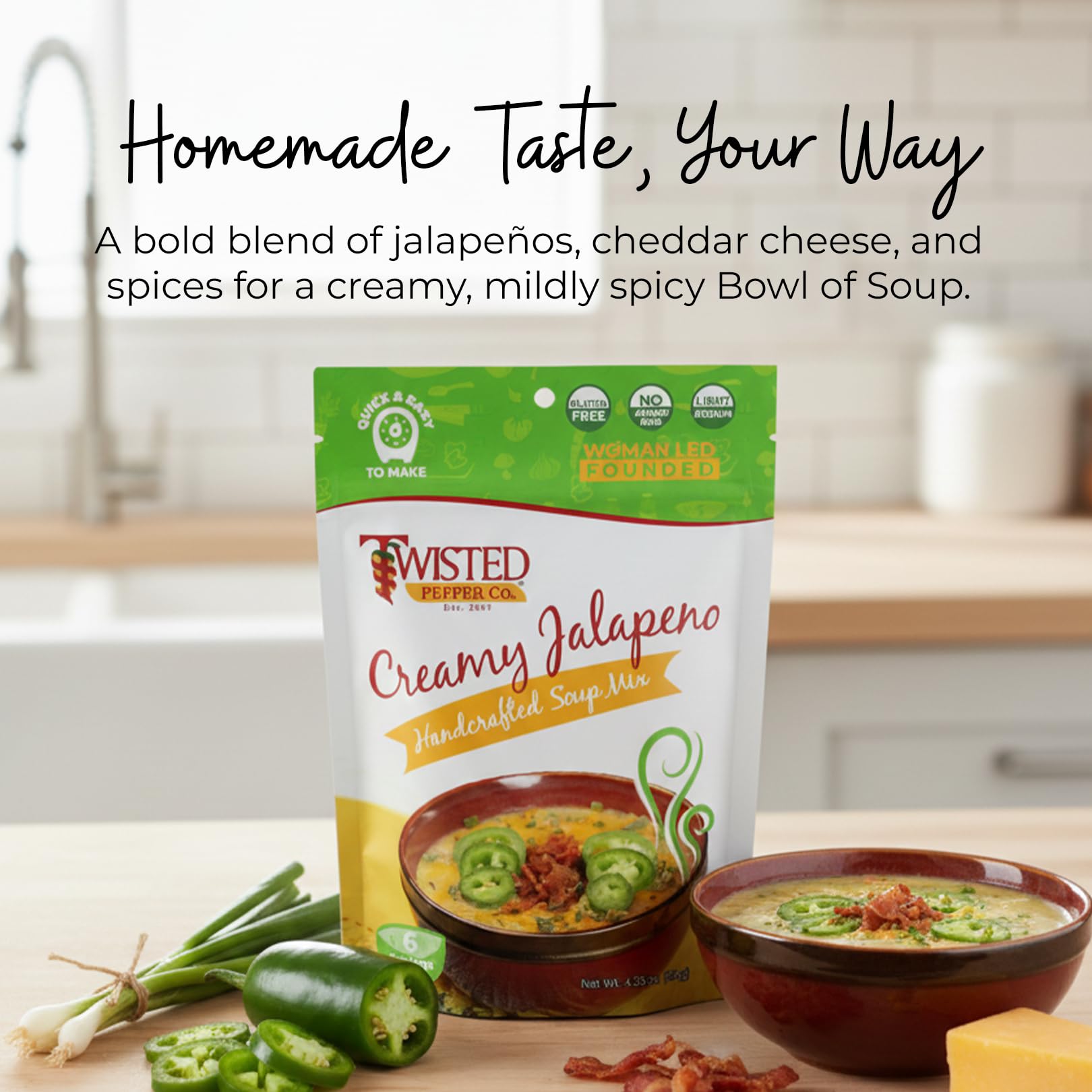 Twisted Pepper Co. Creamy Jalapeño Dry Soup Mix – Handcrafted Homestyle Creamy Soup, Gluten-Free, Rich Flavor with Jalapeños, Bacon Bits, Green Chilies, Cheddar Cheese, – Serves 6