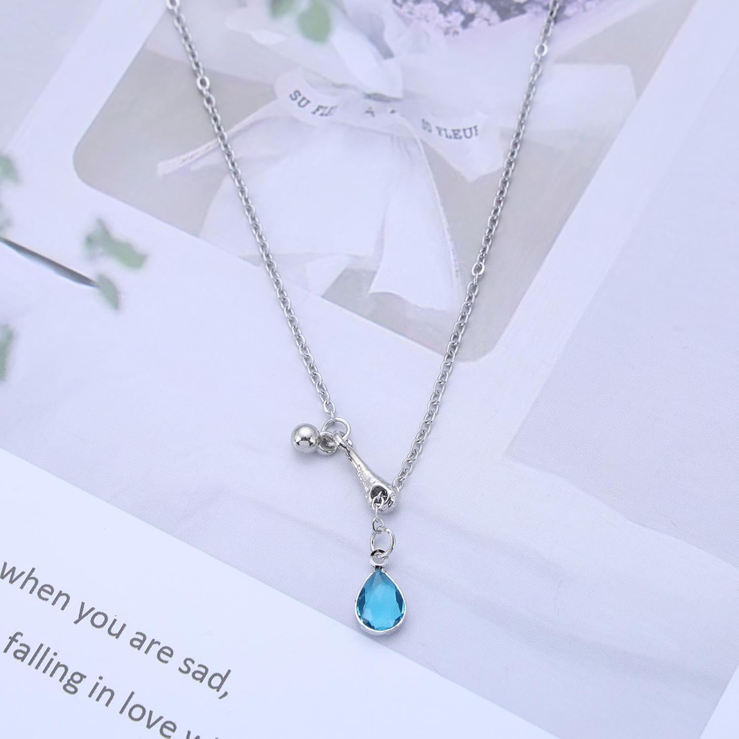Vintage Teardrop Crystal Y Lariat Necklace Silver Tiny Teardrop Choker Necklace Small Cz Rhinestone Y Drop Necklace Blue Cubic Crystal Pendant Necklace Jewelry for Women - Image 7