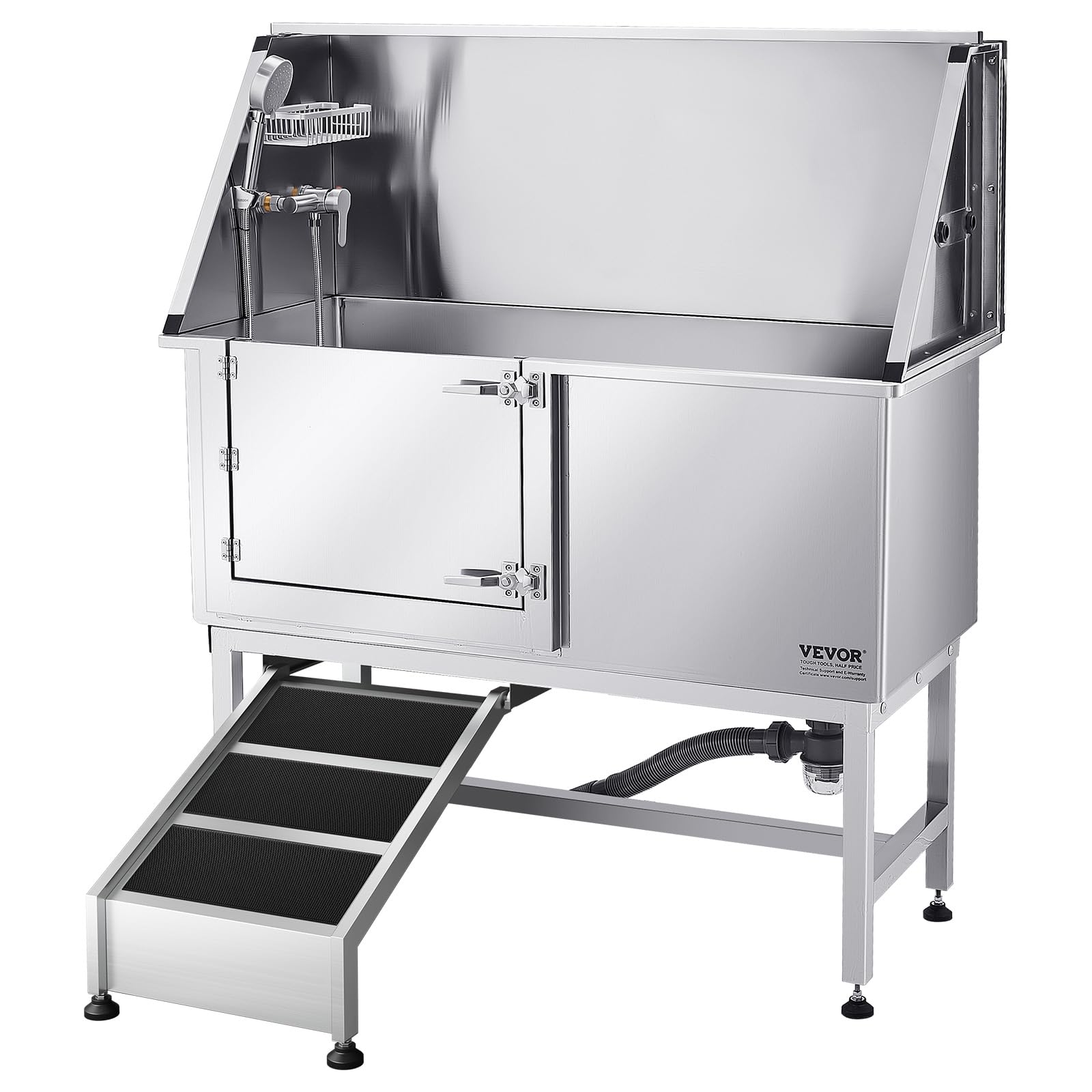 VEVOR Hundewaschstation Edelstahl, 1270x580x1495 mm Tierpflegewanne mit Rampe, PE-Wasserfilterplatte, Wasserhahn, Duschkopf & Seifenhalter, für große, mittelgroße & kleine Haustiere (Linke Tür)