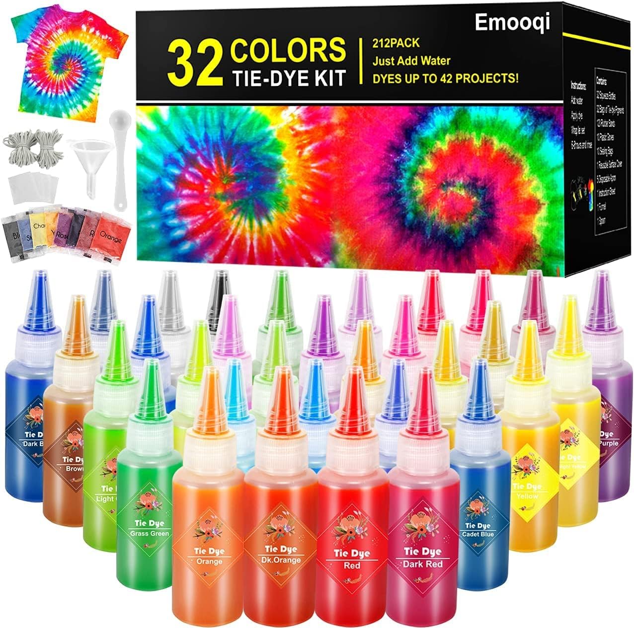 DIY Tie Dye Kits, Emooqi 32 Colours All-in-1 Tie Dye Set Contain 32 Bag Pigments, Rubber Bands, Gloves, Sealed Bag，Apron and Table Covers for Craft Arts Fabric Textile Party DIY Handmade Project