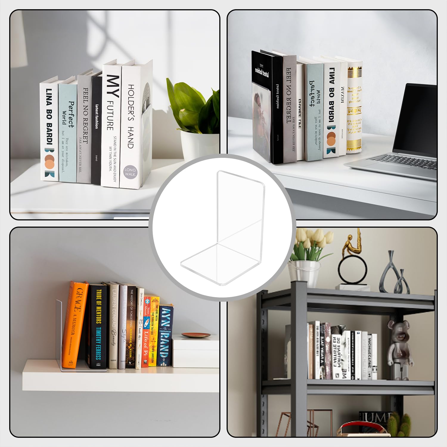 Fermalibri per Mensole Trasparente, Grande e Rinforzato, Ferma Libri per Libreria, Reggilibri Design Semplice Stabile