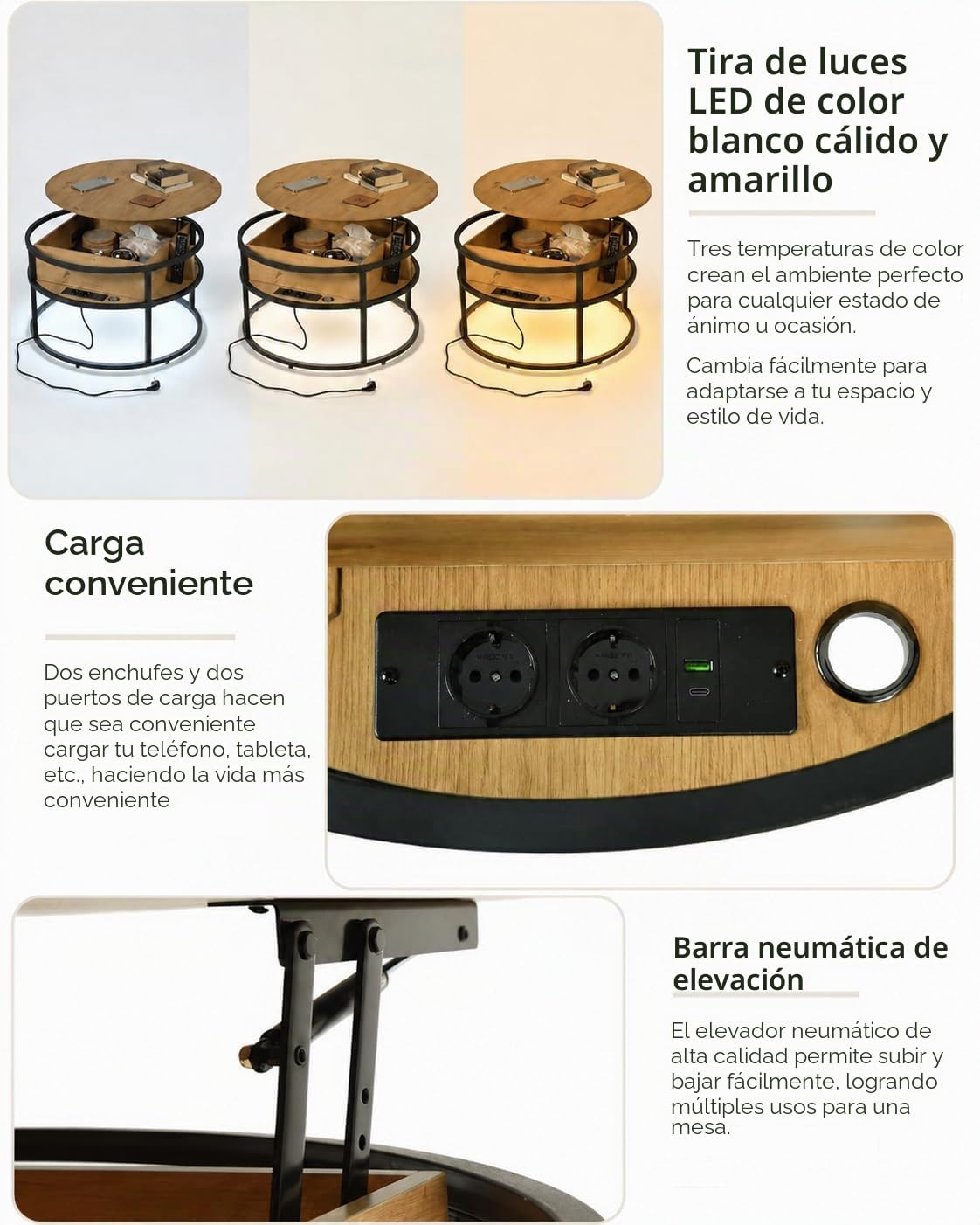 Mesa de Centro Elevable, Mesa de Centro Madera 80 x 80 x 48 cm, Mesa Elevable con Puertos USB y Tipo C, Luz LED y Compartimento Oculto, Mesa Auxiliar Sofa con Almacenamiento, Mesa Redonda