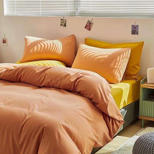 Miniatura 3 de Pureant Juego de edredón de color melocotón, tamaño Queen, para mujeres y niñas, color pomelo, ropa de cama de algodón, lujoso, naranja claro,