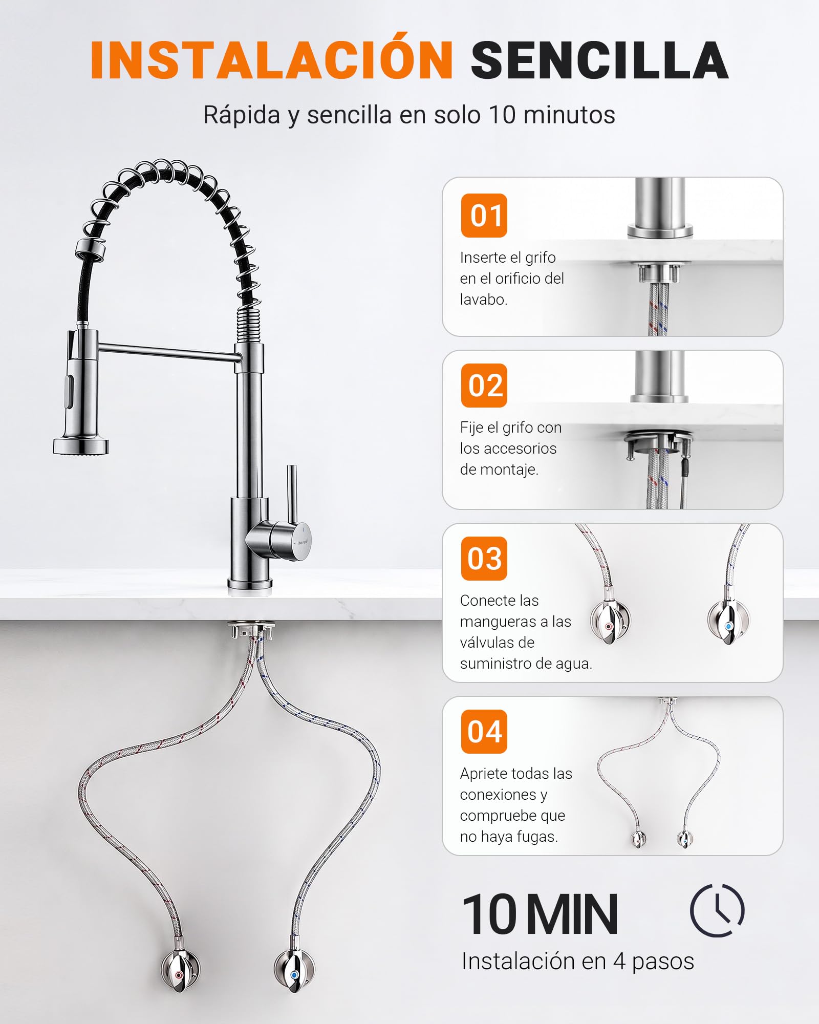 Ibergrif Grifo Cocina Extraíble Acero Inoxidable 304 Cepillado Monomando | Grifo Cocina Fregadero con Caño Extraíble, Giro 360°, 2 Modos de Agua, Manguera 40 cm, Instalación Rápida, Acabado Cepillado