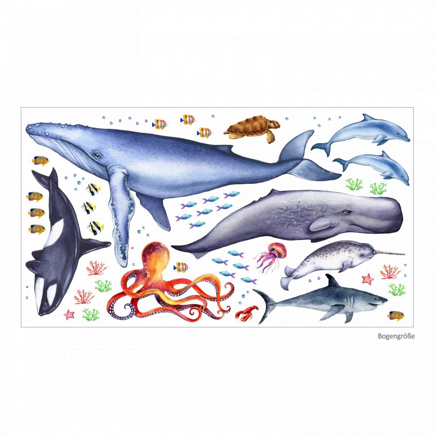 166 Wandtattoo Tiere der Meere - Blauwal, Hai, Delfin, Orca Größe 1750 x 980 mm