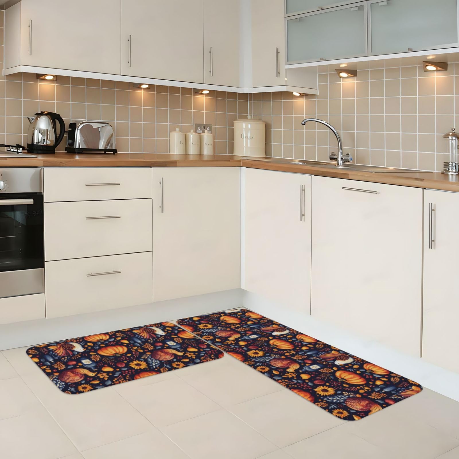 GVYGVY Antifatigue Kitchen Mats for Floor 2 Piece - Turkey and Pumpkin Print Kitchen Rugs Washable, Non Slip Runner Rug Standing Mat for Office/Bathroom/Laundry/Home Decor and Accessories