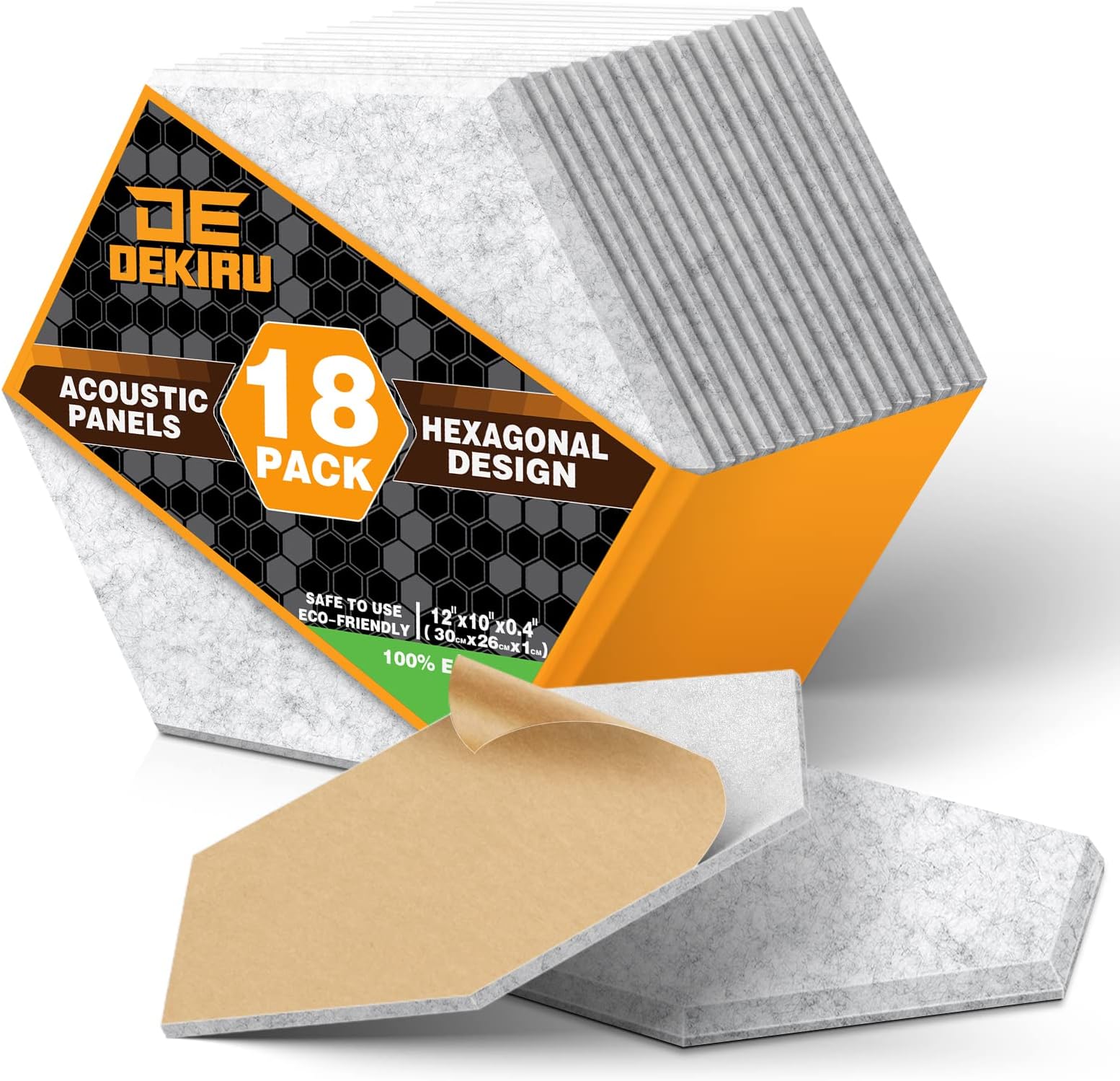DEKIRU Self Adhesive Soundproof Foam Panels 18 Pack, 12''X10''X0.4'' Hexagon Acoustic Panels, Easy Install Sound Absorbing Panels for Home Recording Studio, Office, and More (Grey)