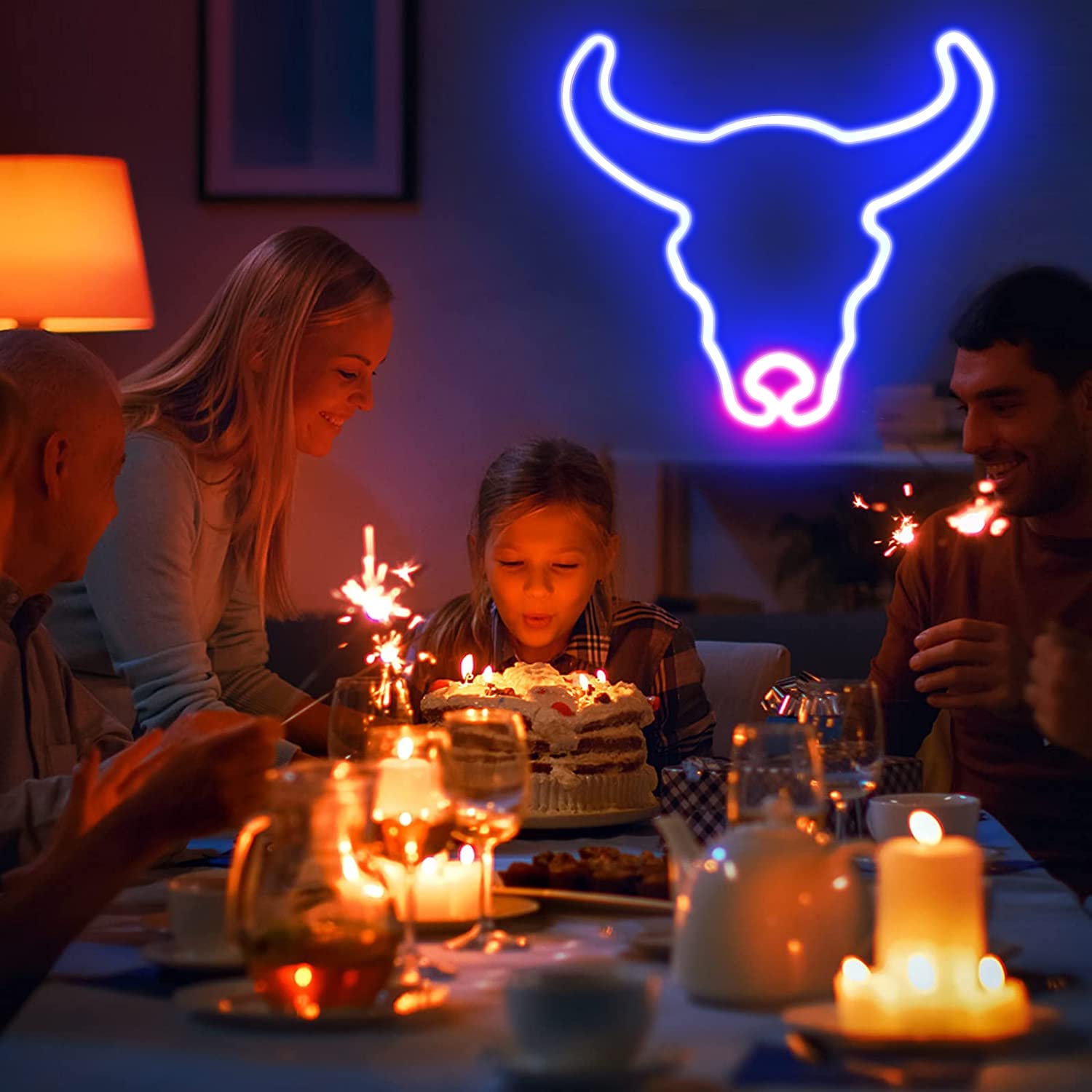 ENSHUI Bull Neon Sign for Wall Decor, USB/Battery Powered Cow Gift LED Neon Lights for Bedroom, Kids Room, Wedding, Bar, Cow Party Decoration (Blue/Pink)