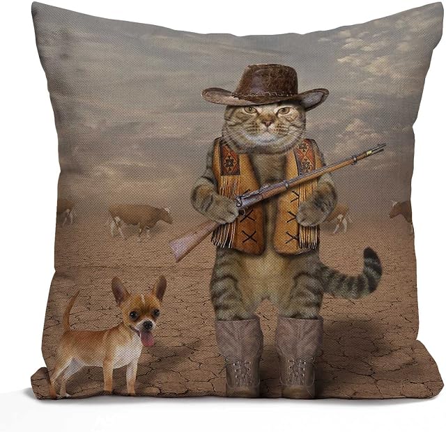 Tomda Funny Cat Pillow Cover Cowboy Cat and His Dog Decorative Cushion Cover Pillow Cover Square Pillowcase 45x45cm 18x18 Inch
