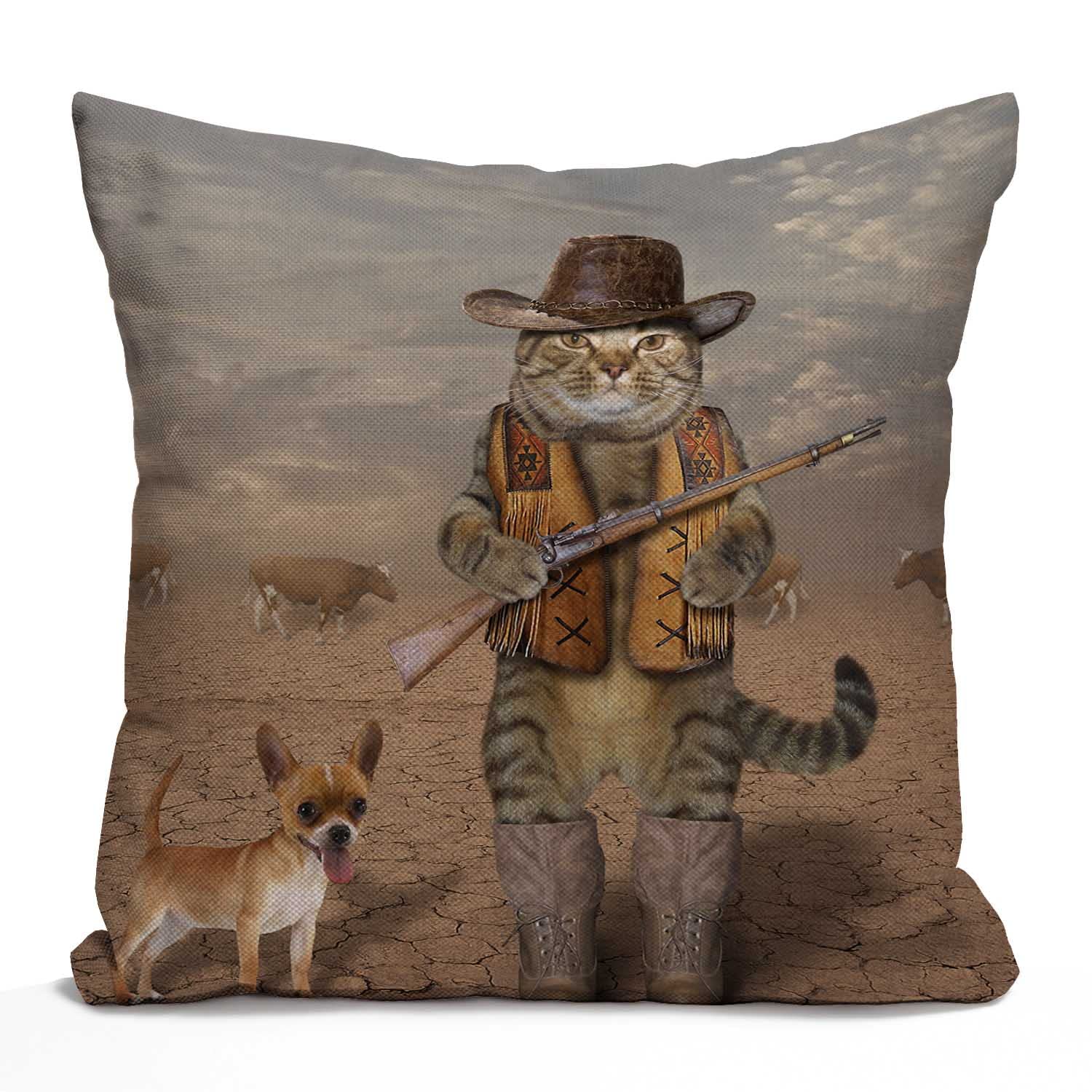 Tomda Multi120 Funny Cat Pillow Cover Cowboy Cat And His Dog Decorative Cushion Cover Pillow Cover Square Pillowcase 45X45cm 18X18 Inch
