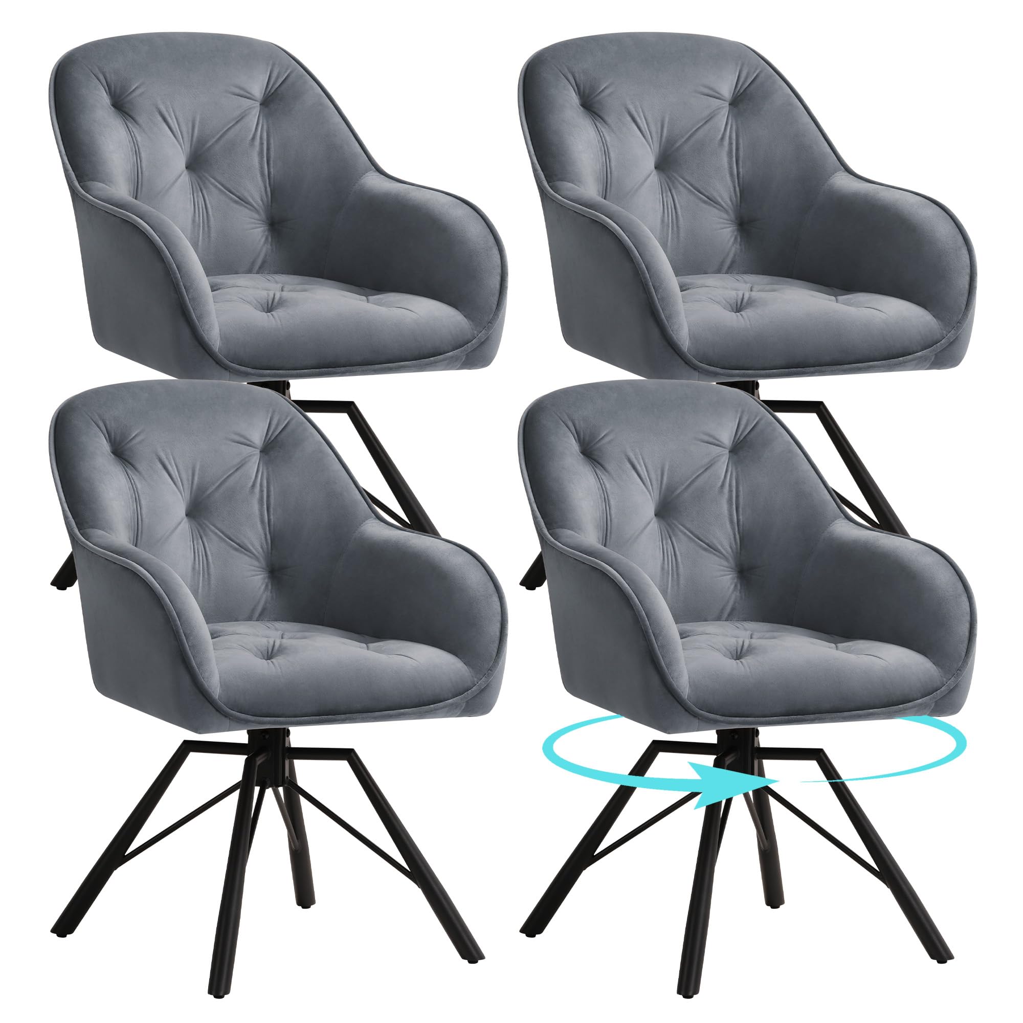 ELUCHANG Esszimmerstühle 4er Set, 360°Drehbar, Mehrschichtiger Dicker Schaumstoff Stuhl mit Hohen Armlehnen, Grau Samt, Gekreuztes Metallgestell bis 150KG Belastbar, für Schlafzimmer Küche Wohnzimmer