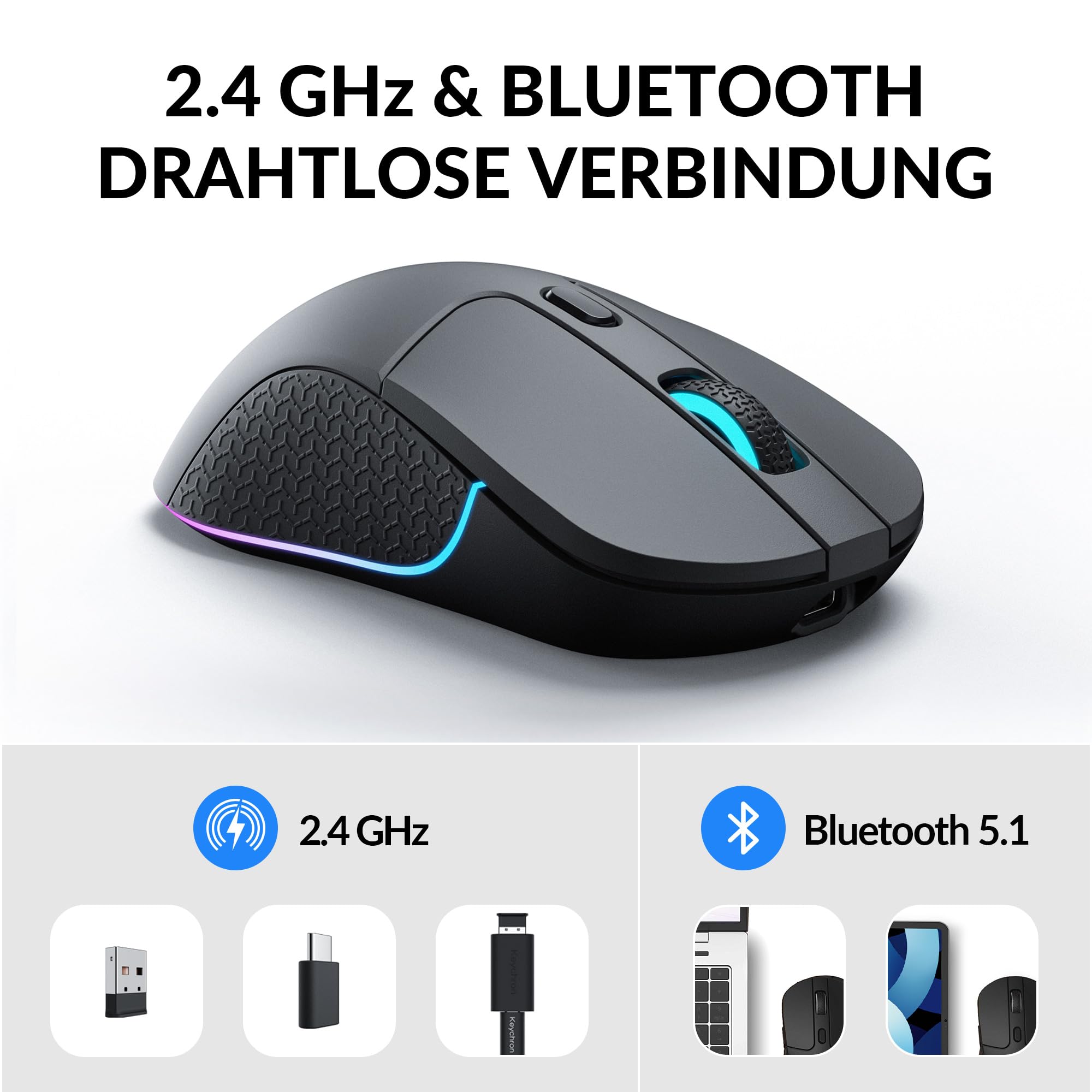 Keychron M3 programmierbare kabellose Maus, 2,4 GHz/Bluetooth 5.1/USB-C-Anschluss, 26000 DPI, PAW3395-Sensor, RGB-LED, 70 Stunden Akkulaufzeit, 79 g Gaming-Maus für PC, Mac und Laptop – Schwarz