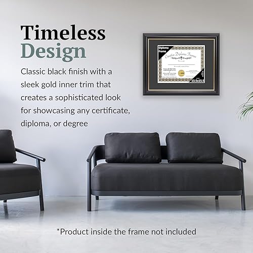 Vista 13 de Creative Picture Frames Marco para diploma Rockefeller de 9 x 12 pulgadas, color negro con borde dorado, muestra un certificado de 9 x 12 pulgadas
