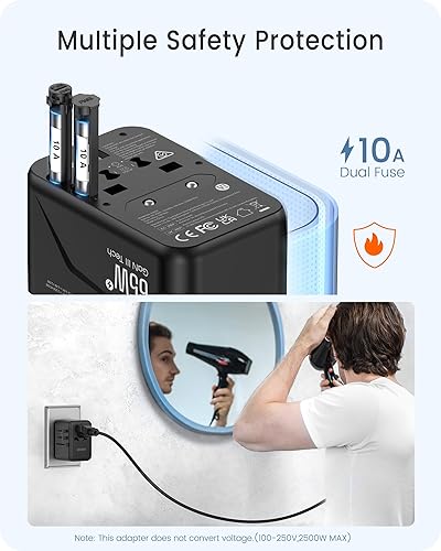 Vista 7 de LENCENT Universal Travel Adapter, GaN III 65W International Charger with 2 USB Ports & 3 USB-C PD Fast Charging, All in One Outlet Adaptor for